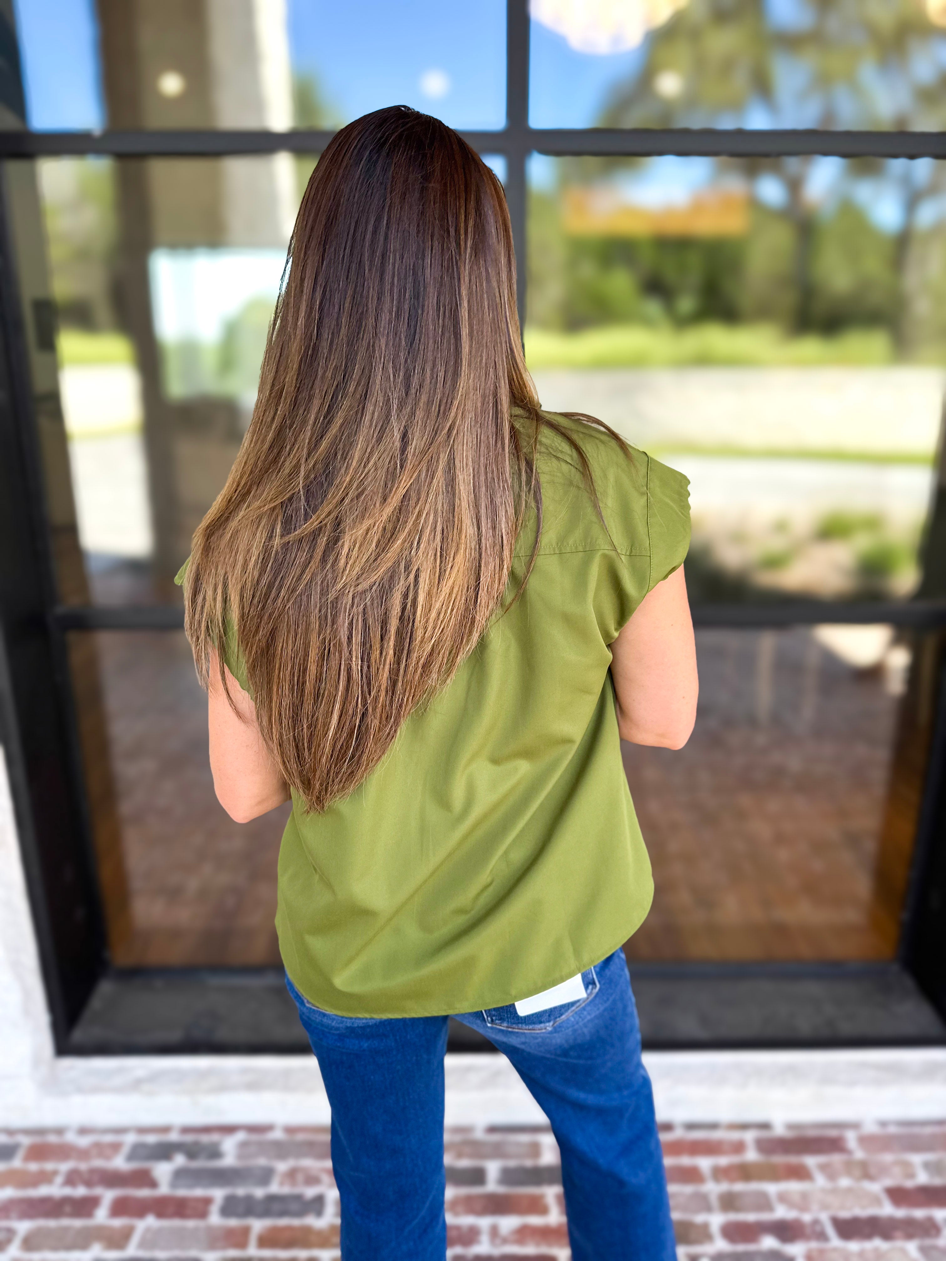 Ric Rac Button Down Top - Olive-200 Fashion Blouses-ENTRO-July & June Women's Fashion Boutique Located in San Antonio, Texas