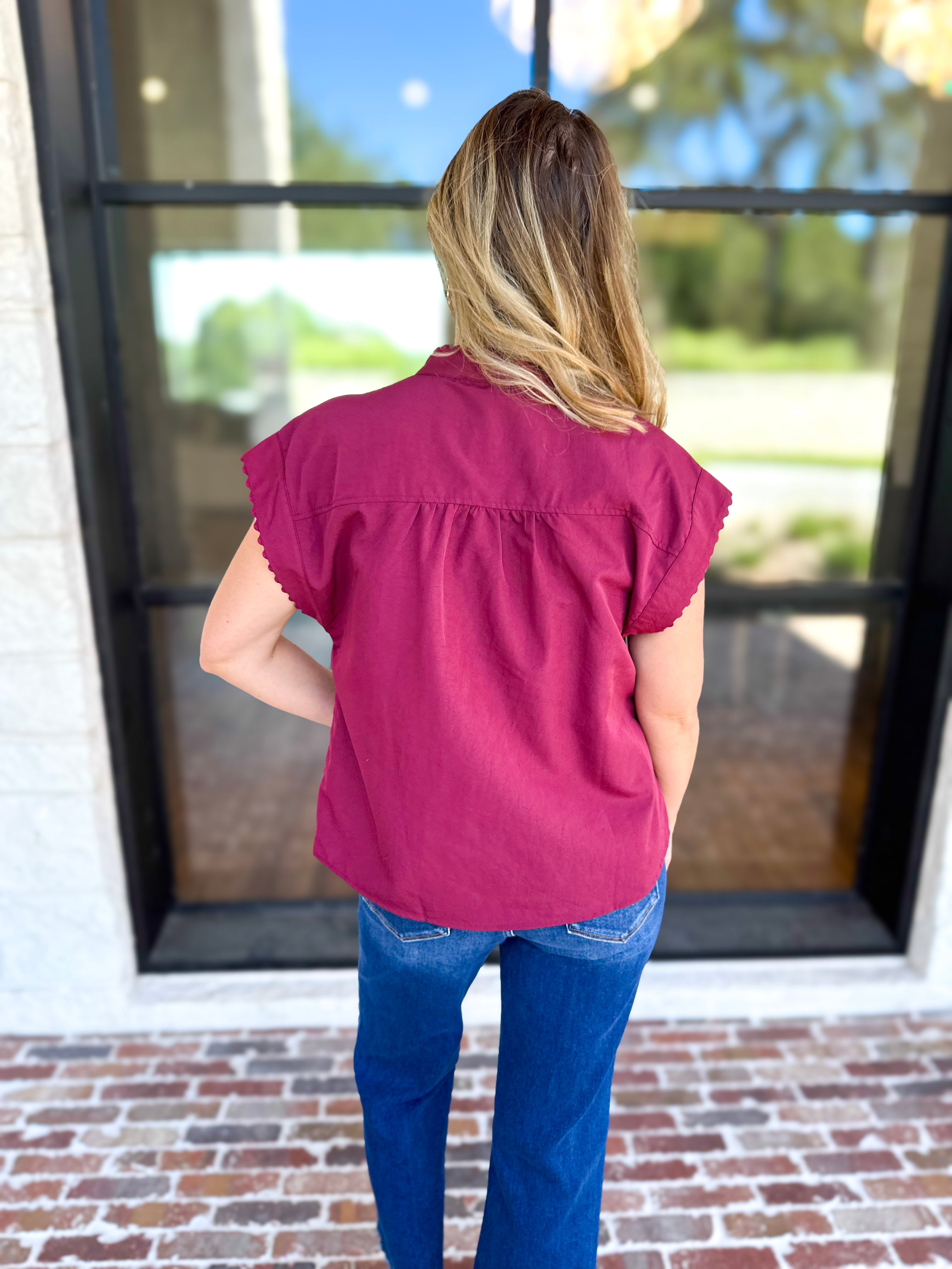 Ric Rac Button Down Top - Wine-200 Fashion Blouses-ENTRO-July & June Women's Fashion Boutique Located in San Antonio, Texas