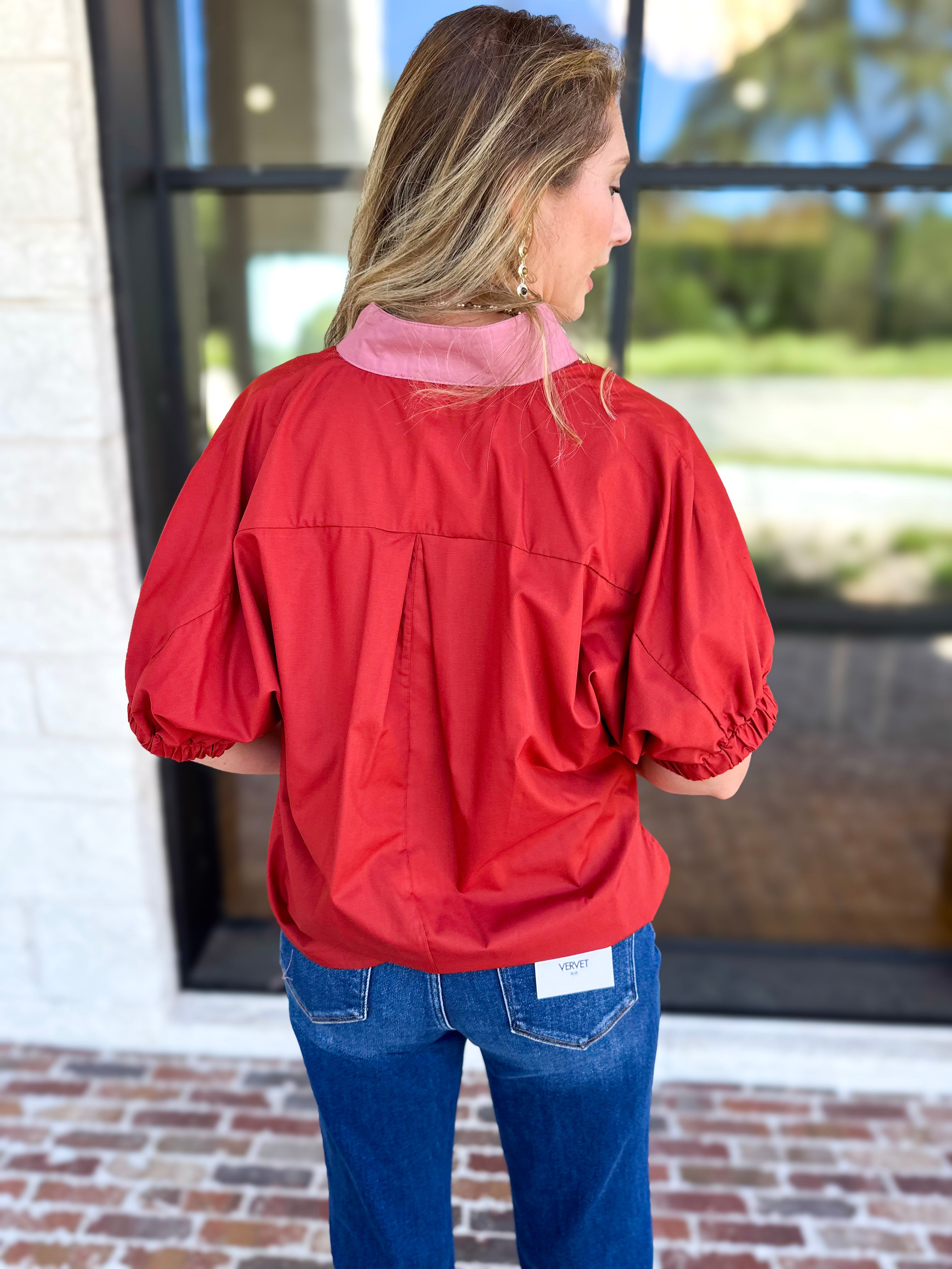Contrast Chic Blouse - Terracotta-200 Fashion Blouses-ENTRO-July & June Women's Fashion Boutique Located in San Antonio, Texas