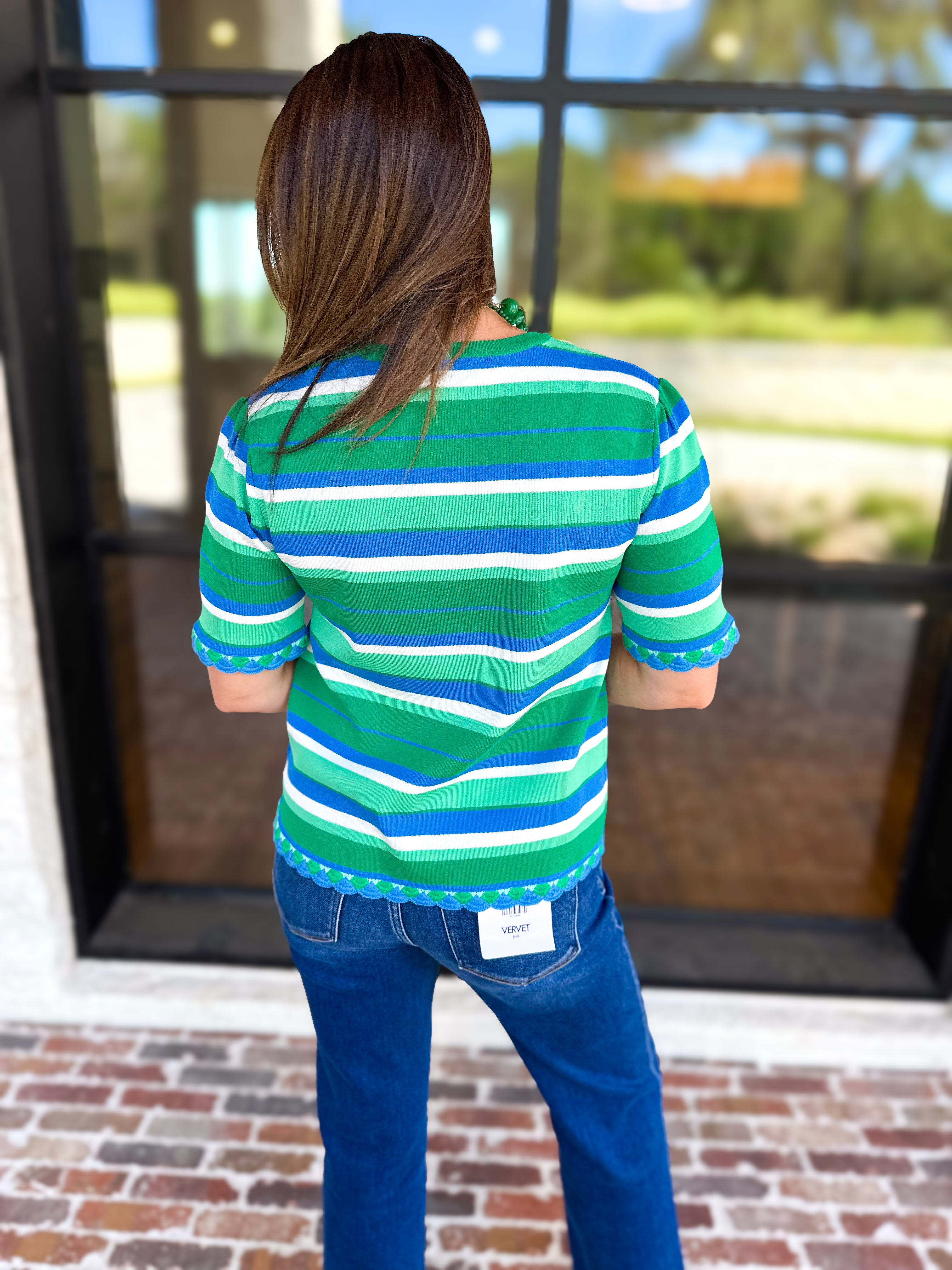 Parker Blue & Green Striped Knit Top-230 Sweaters/Cardis-STRUT & BOLT-July & June Women's Fashion Boutique Located in San Antonio, Texas