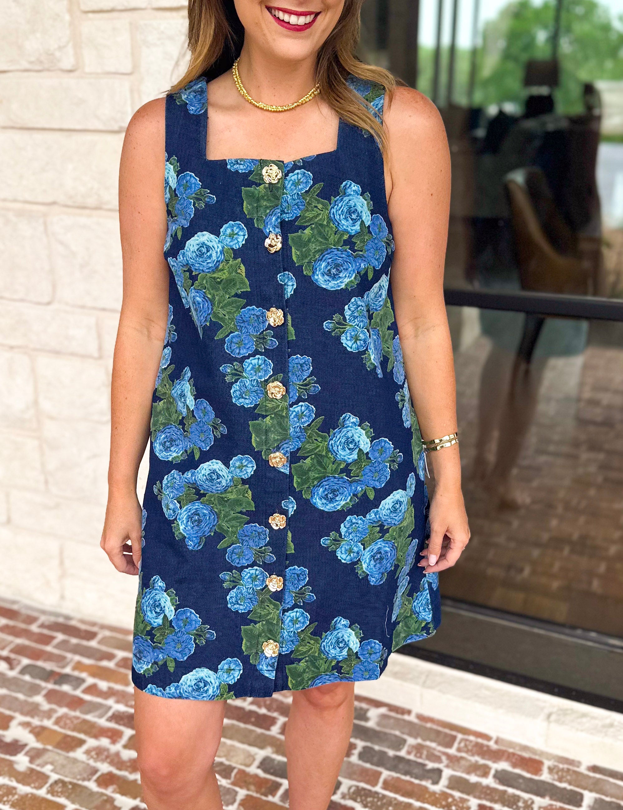 Retro Blue Floral Denim Mini Dress-510 Mini-ENTRO-July & June Women's Fashion Boutique Located in San Antonio, Texas