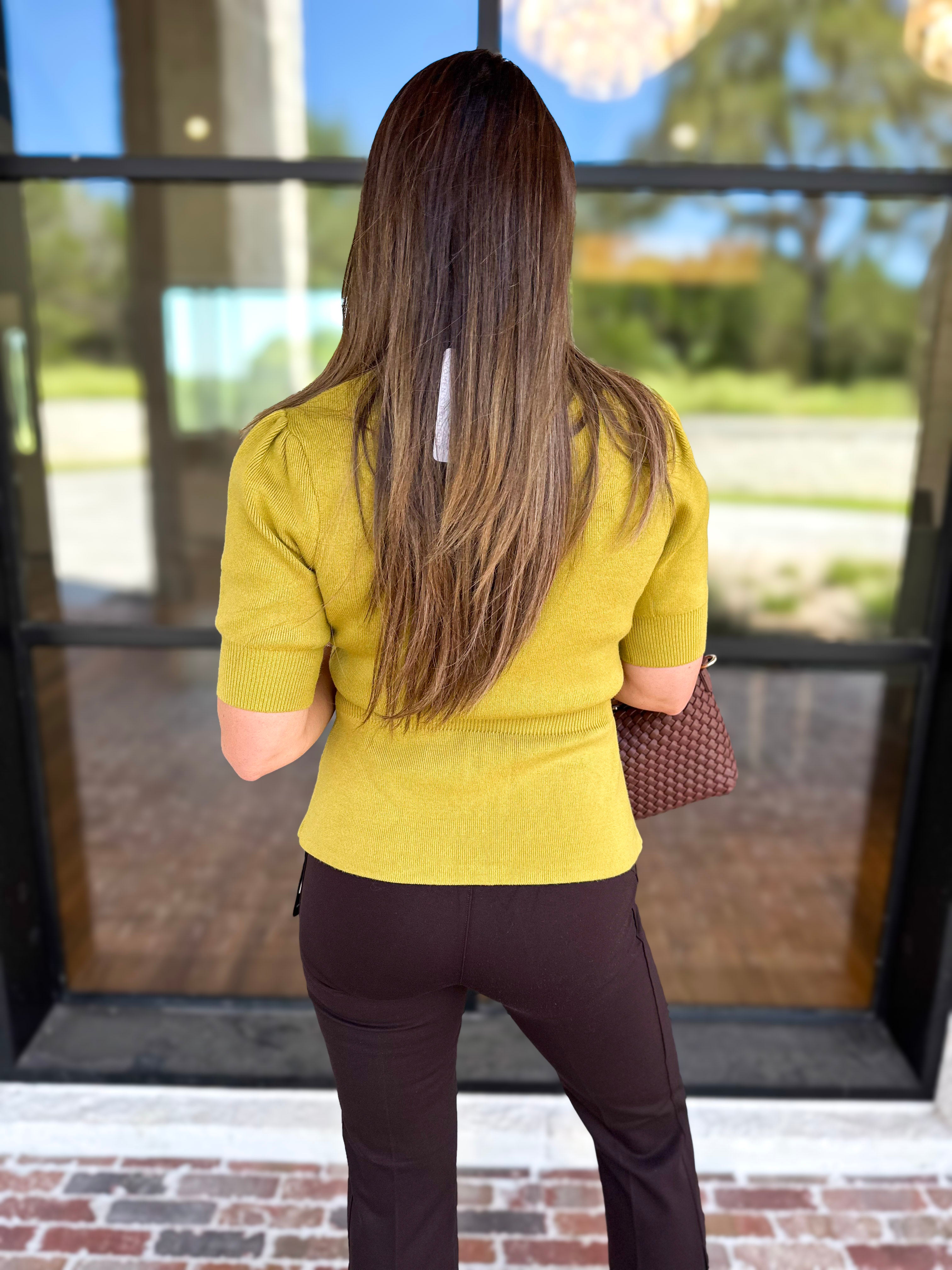 Posh Peplum Knit Blouse - Chartreuse-230 Sweaters/Cardis-SKIES ARE BLUE-July & June Women's Fashion Boutique Located in San Antonio, Texas