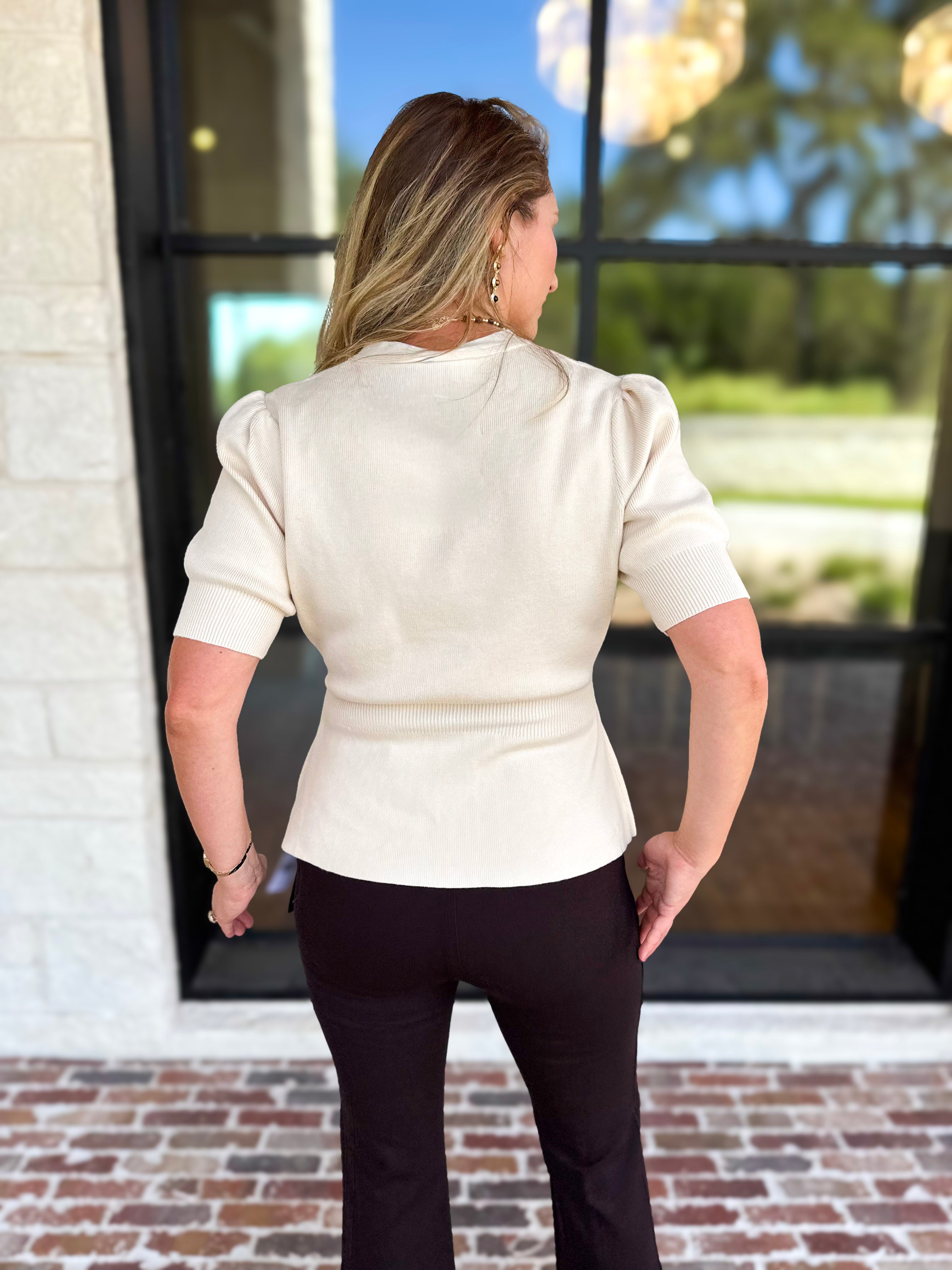 Posh Peplum Knit Blouse - Ivory-230 Sweaters/Cardis-SKIES ARE BLUE-July & June Women's Fashion Boutique Located in San Antonio, Texas