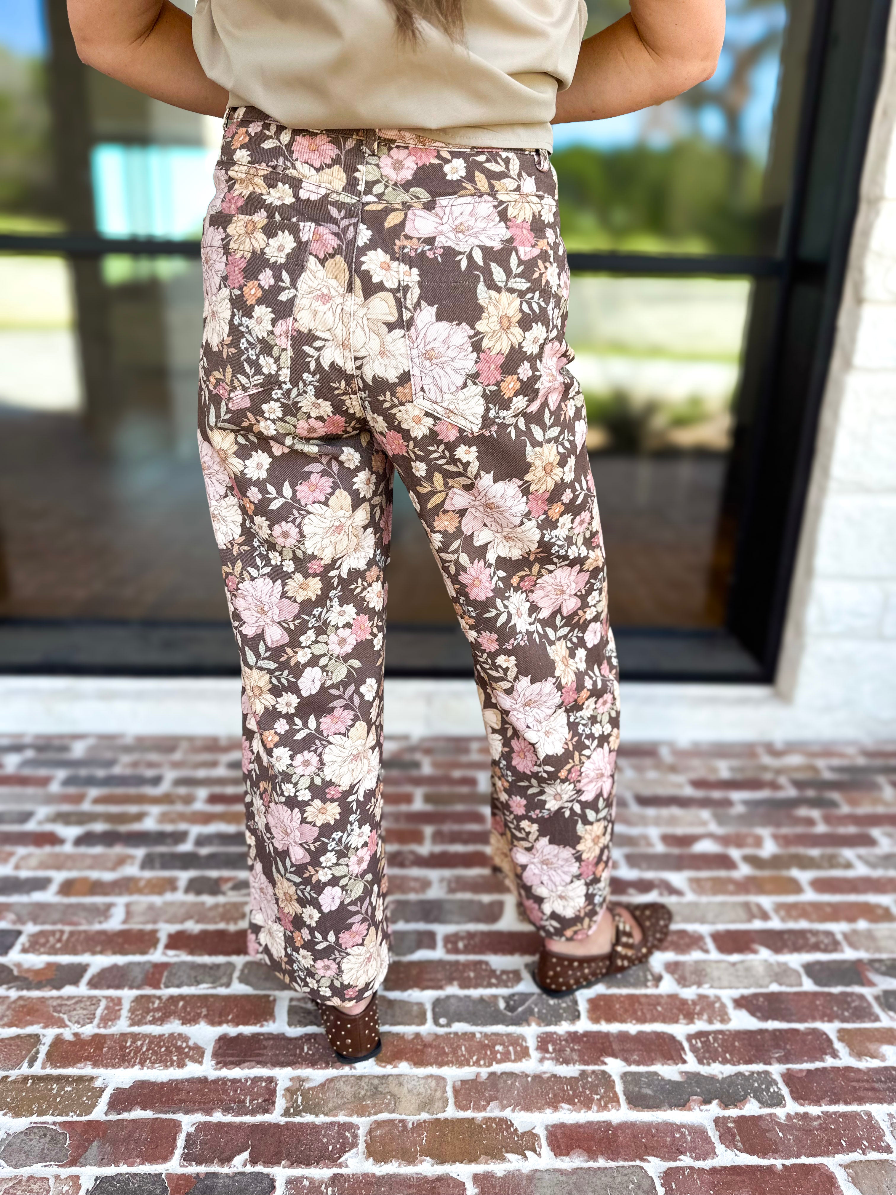 Fall Floral Denim Pants - Brown-400 Pants-ENTRO-July & June Women's Fashion Boutique Located in San Antonio, Texas