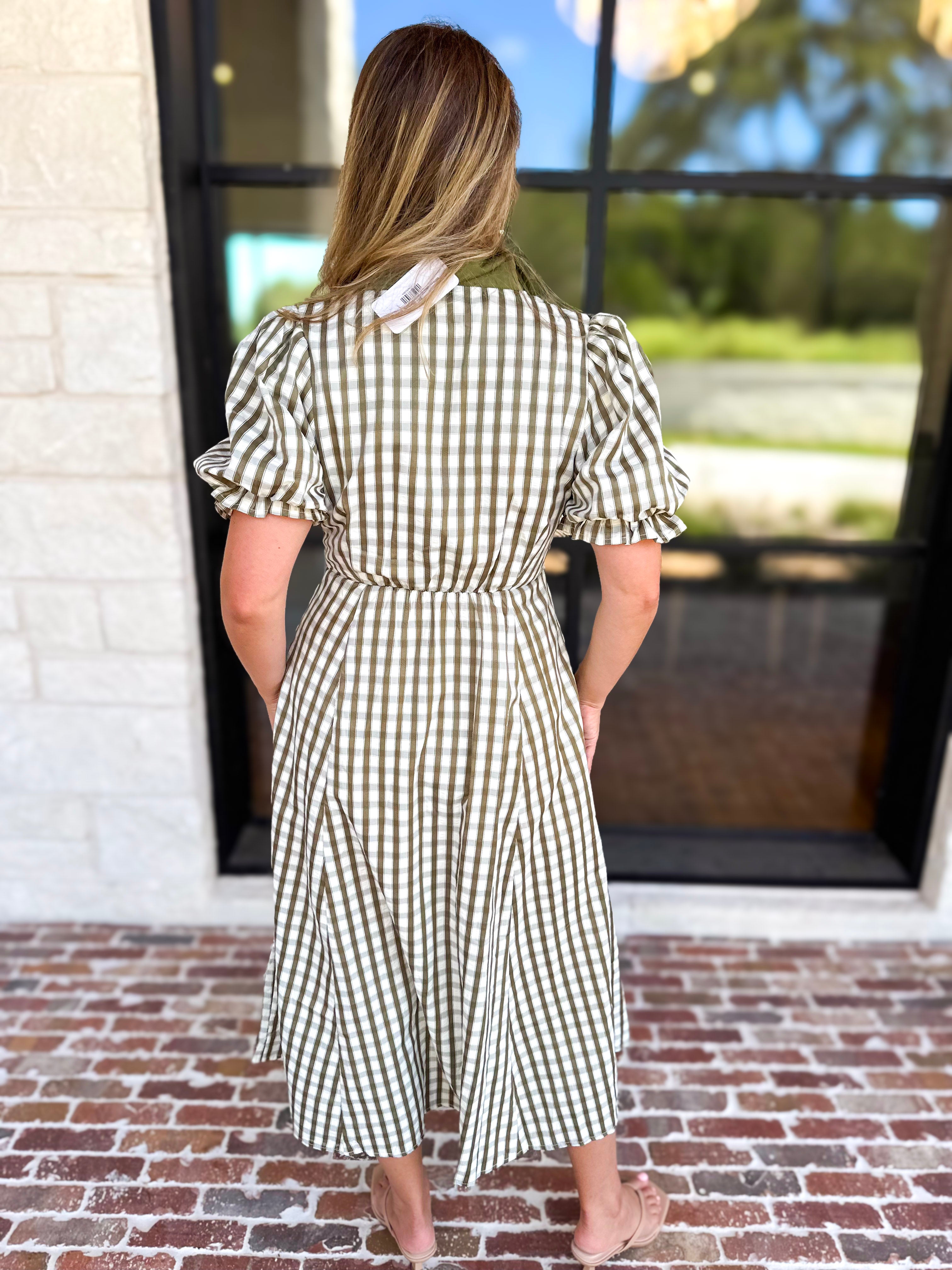 Olive Gingham & Collared Midi Dress-500 Midi-ENTRO-July & June Women's Fashion Boutique Located in San Antonio, Texas