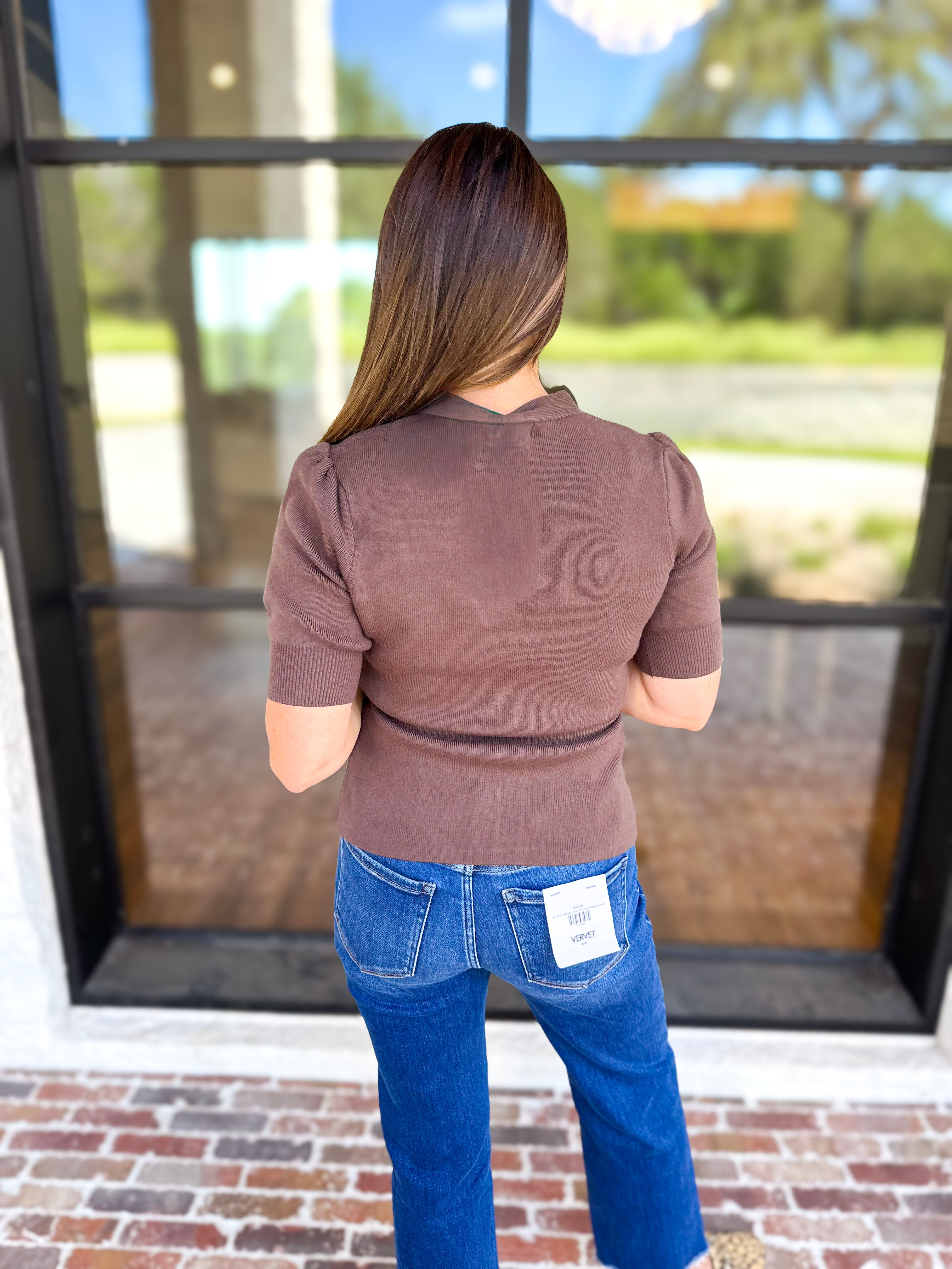 Posh Peplum Knit Blouse - Chocolate-230 Sweaters/Cardis-SKIES ARE BLUE-July & June Women's Fashion Boutique Located in San Antonio, Texas