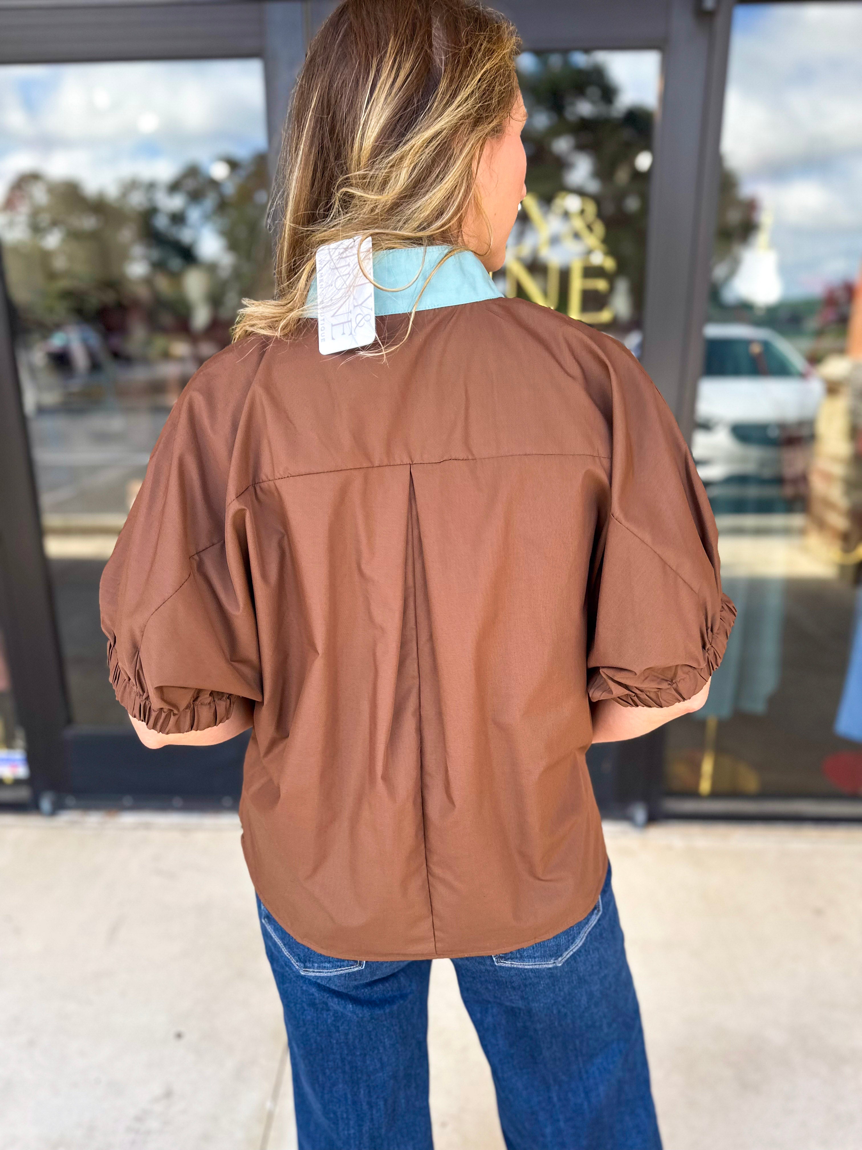 Contrast Chic Blouse - Cocoa Sky-200 Fashion Blouses-ENTRO-July & June Women's Fashion Boutique Located in San Antonio, Texas
