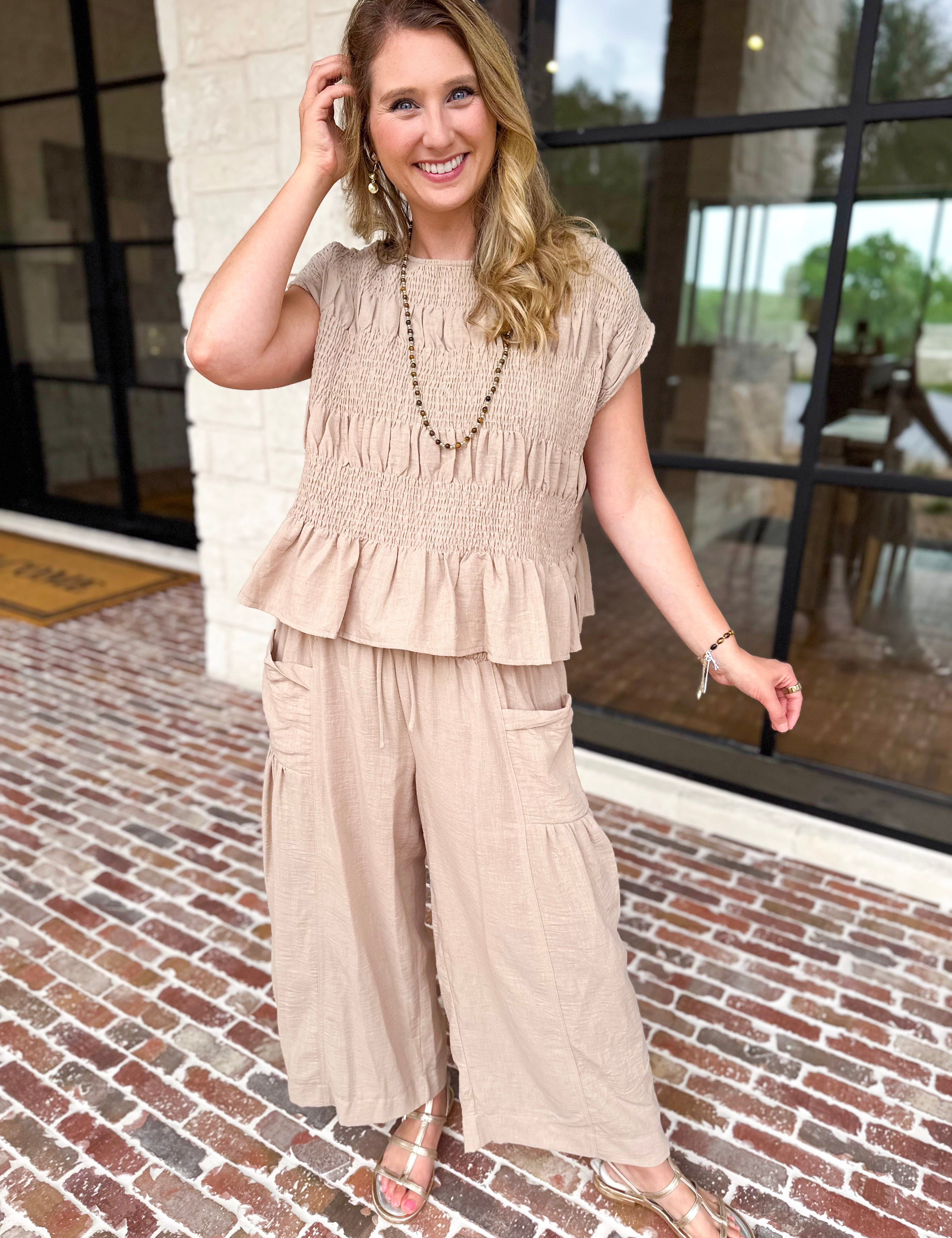 Easy Breezy Pant & Blouse Set - Taupe-500 Midi-RAE MODE-July & June Women's Fashion Boutique Located in San Antonio, Texas