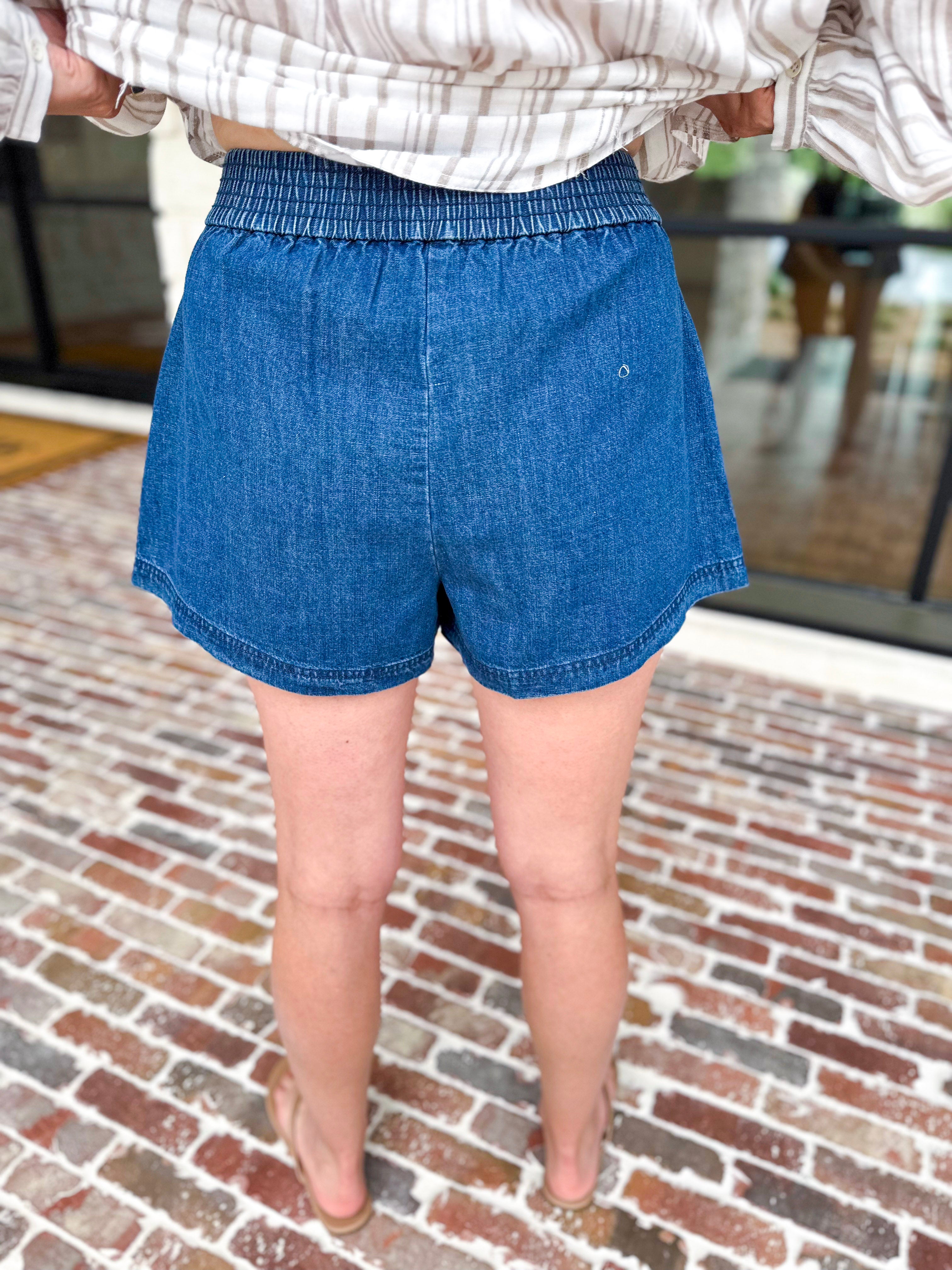 Dark Denim Comfy Shorts-410 Shorts/Skirts-SKIES ARE BLUE-July & June Women's Fashion Boutique Located in San Antonio, Texas