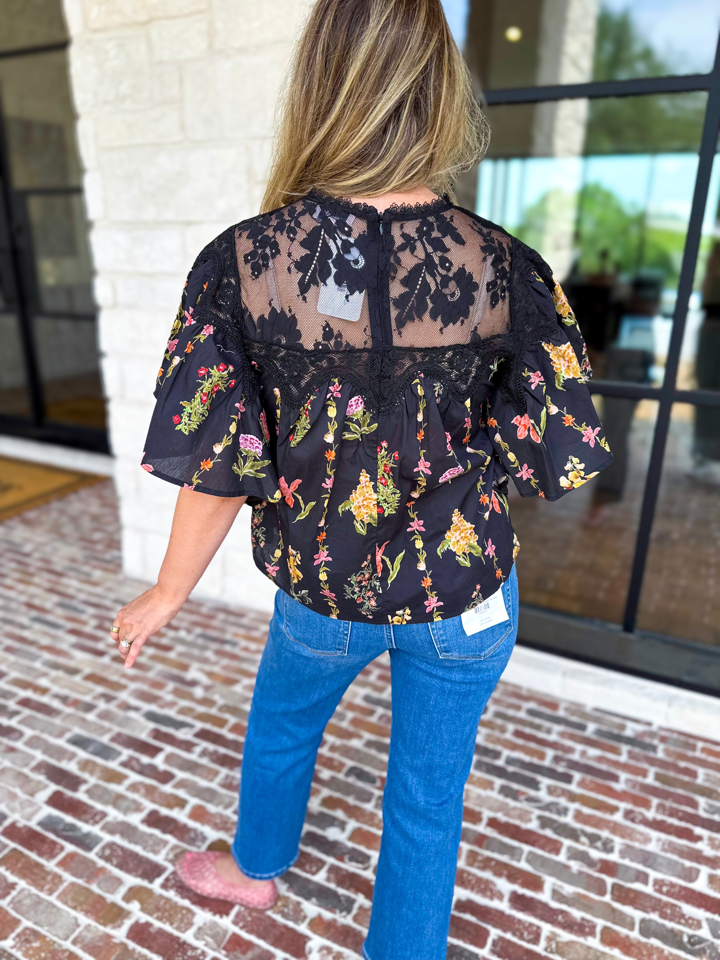 Black Lace & Floral Blouse-200 Fashion Blouses-ENTRO-July & June Women's Fashion Boutique Located in San Antonio, Texas