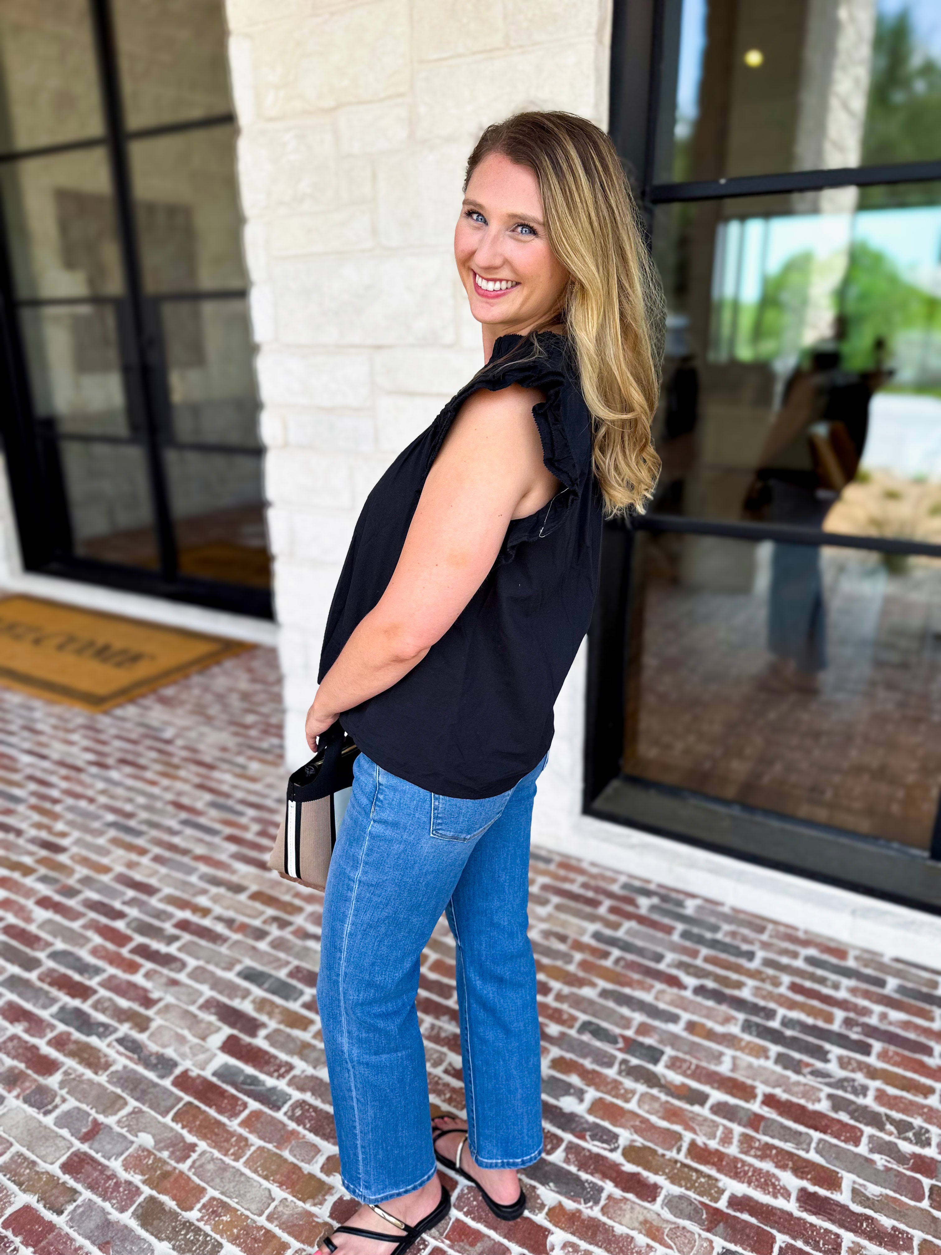 THML - Black Flutter Sleeve Blouse-200 Fashion Blouses-THML-July & June Women's Fashion Boutique Located in San Antonio, Texas