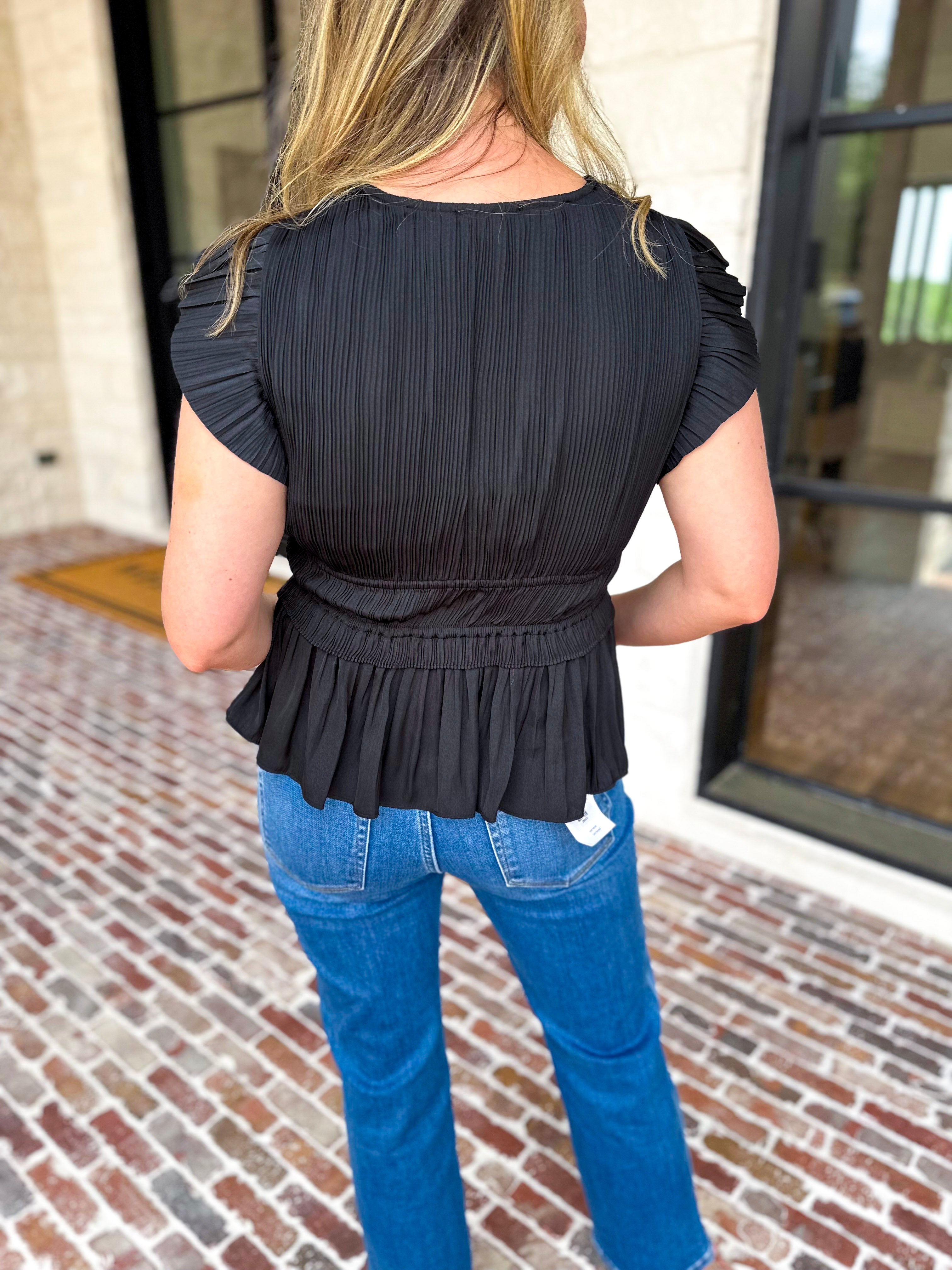 Current Air - Black Satin Date Night Blouse-200 Fashion Blouses-CURRENT AIR CLOTHING-July & June Women's Fashion Boutique Located in San Antonio, Texas