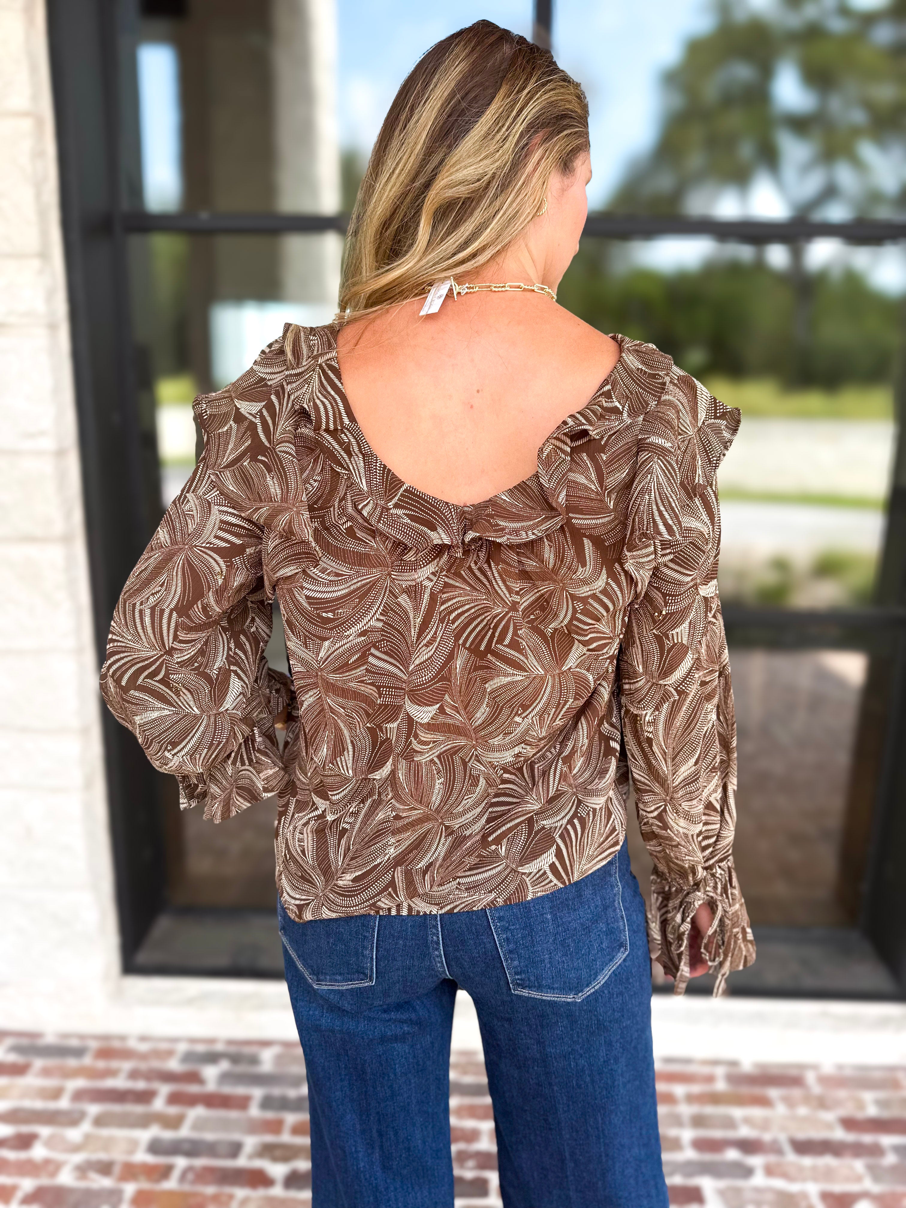 Liverpool - Willow Espresso Ruffle Blouse-200 Fashion Blouses-LIVERPOOL JEANS COMPANY-July & June Women's Fashion Boutique Located in San Antonio, Texas