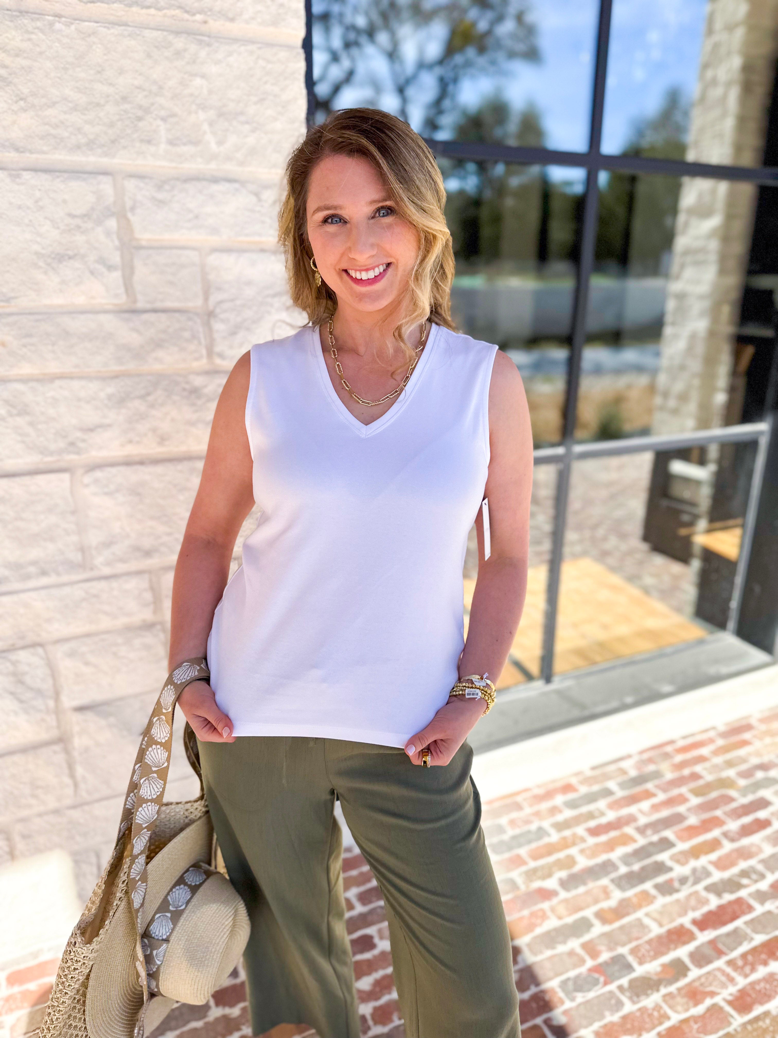LIVERPOOL - Sleeveless V-Neck Knit Tank - White-210 Casual Blouses-LIVERPOOL JEANS COMPANY-July & June Women's Fashion Boutique Located in San Antonio, Texas