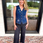 Current Air - Chic Denim Floral Vest-200 Fashion Blouses-CURRENT AIR CLOTHING-July & June Women's Fashion Boutique Located in San Antonio, Texas