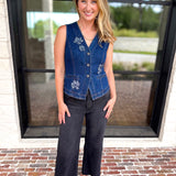 Current Air - Chic Denim Floral Vest-200 Fashion Blouses-CURRENT AIR CLOTHING-July & June Women's Fashion Boutique Located in San Antonio, Texas