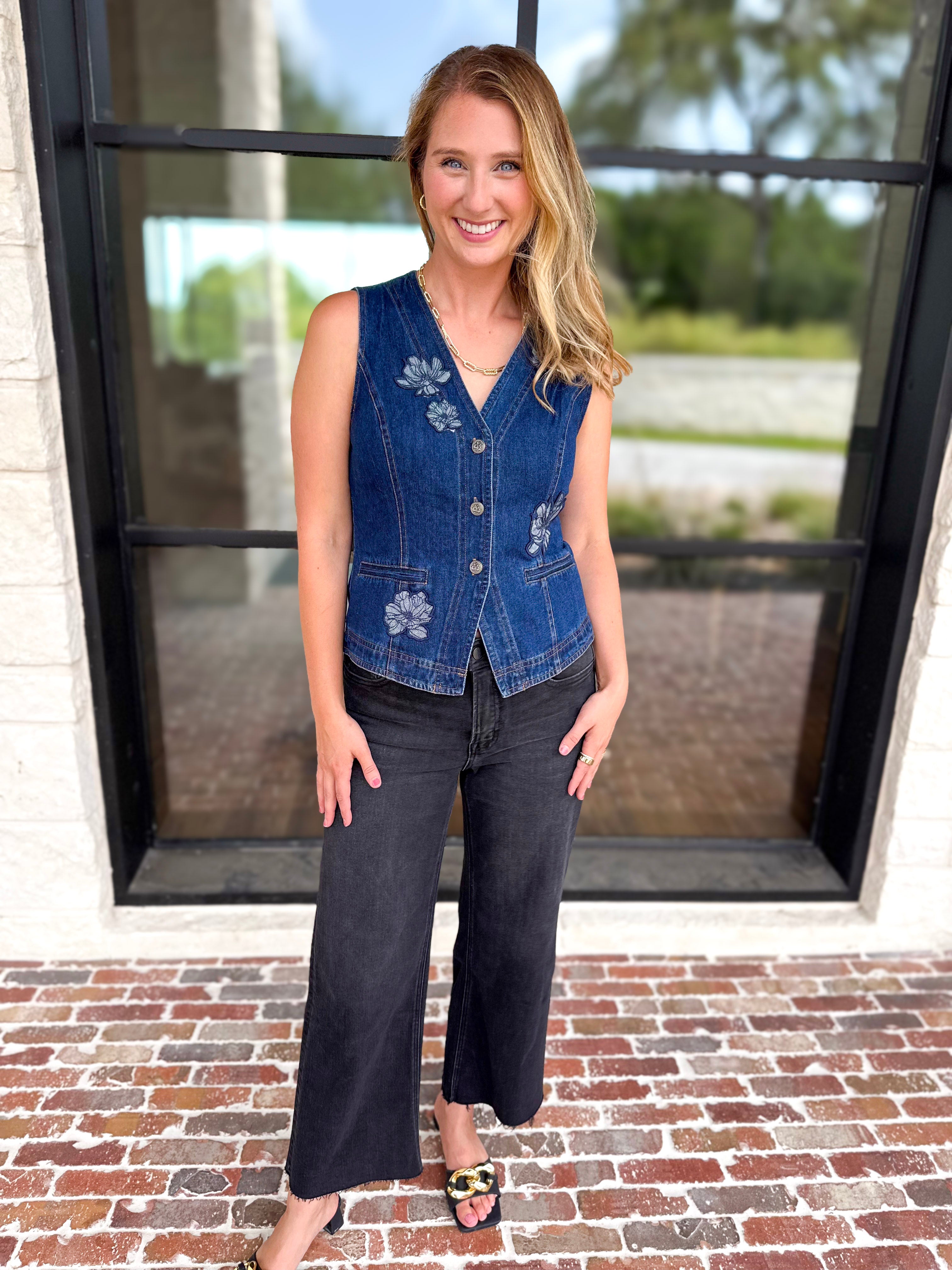Current Air - Chic Denim Floral Vest-200 Fashion Blouses-CURRENT AIR CLOTHING-July & June Women's Fashion Boutique Located in San Antonio, Texas