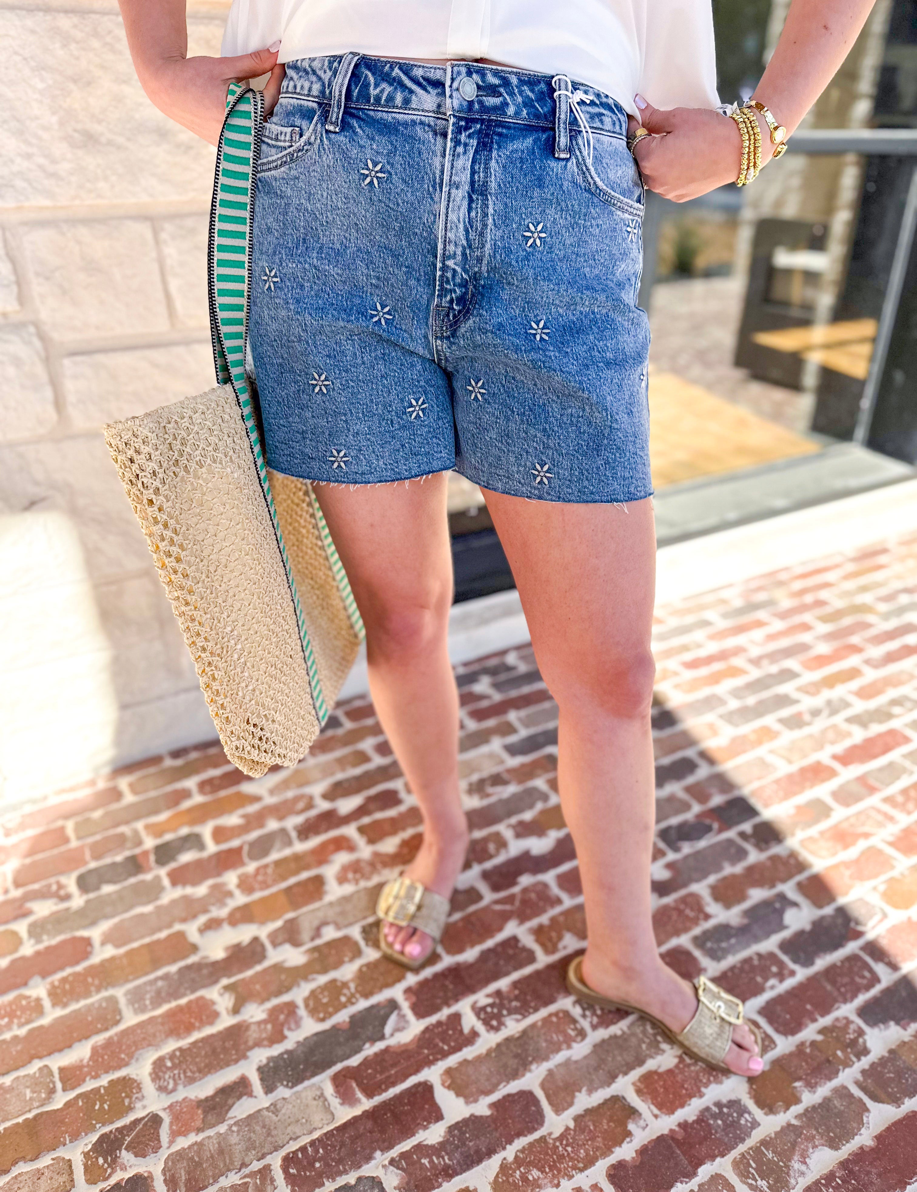 Vervet - Floral Embroidered Denim Shorts-410 Shorts/Skirts-VEVERT BY FLYING MONKEY-July & June Women's Fashion Boutique Located in San Antonio, Texas