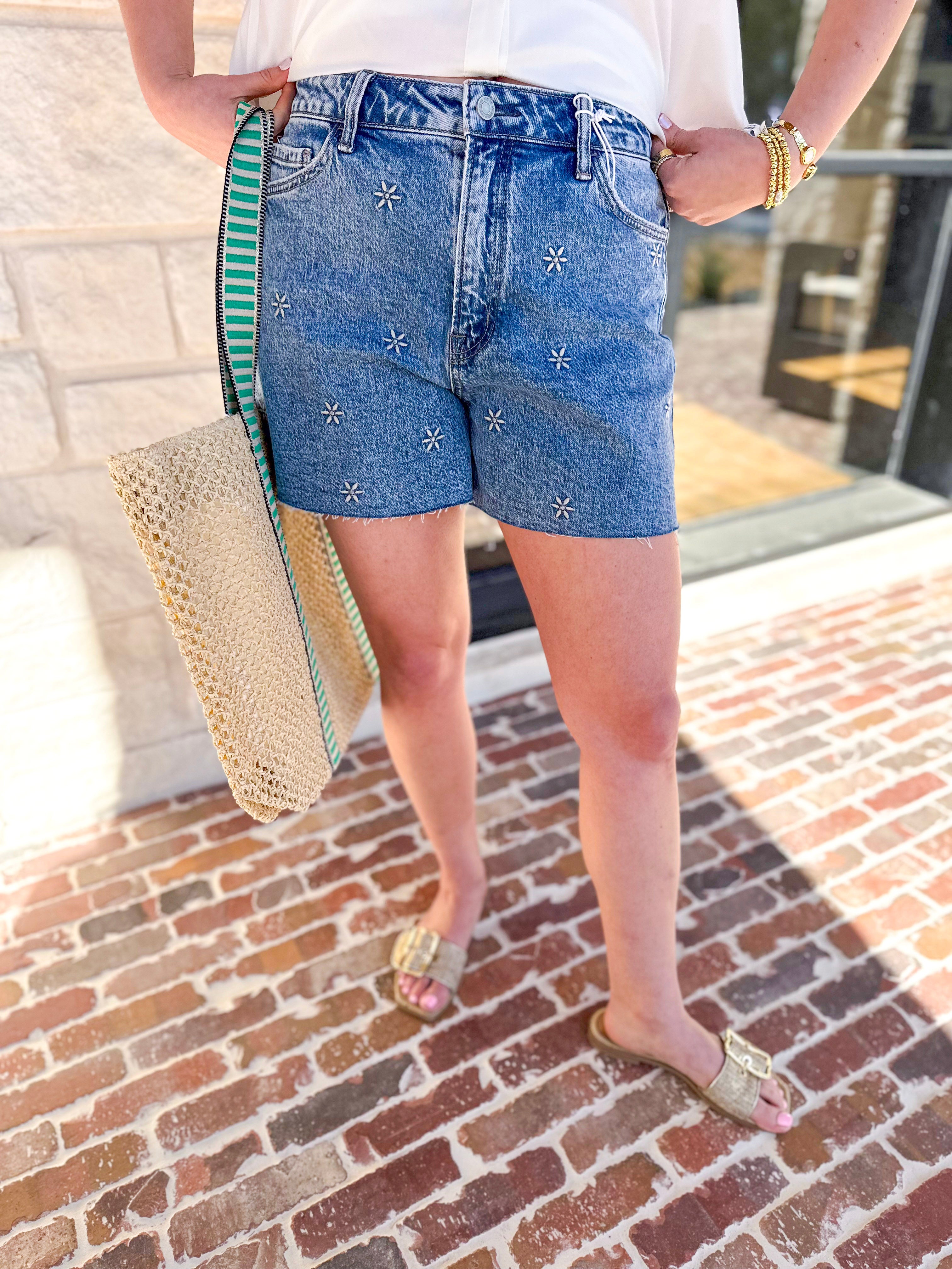 Vervet - Floral Embroidered Denim Shorts-410 Shorts/Skirts-VEVERT BY FLYING MONKEY-July & June Women's Fashion Boutique Located in San Antonio, Texas