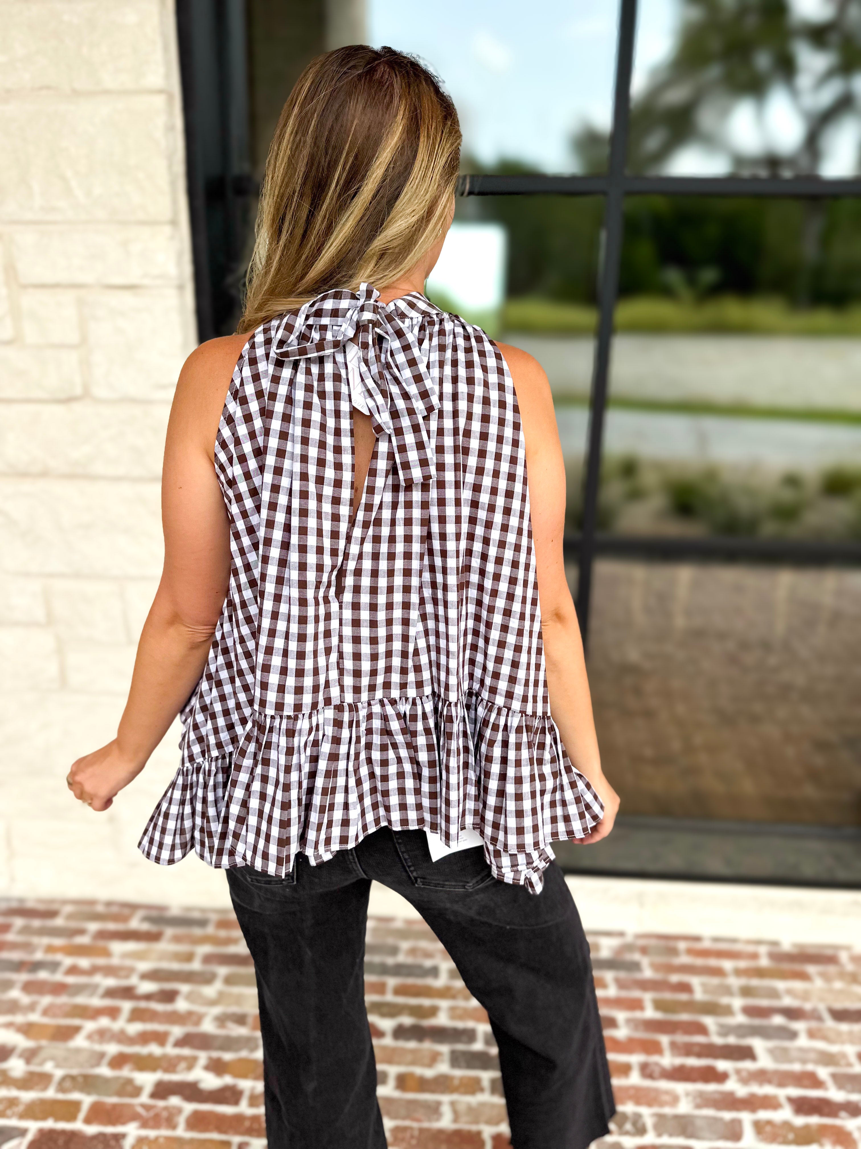Delia Gingham Halter Blouse-200 Fashion Blouses-OLIVACEOUS-July & June Women's Fashion Boutique Located in San Antonio, Texas
