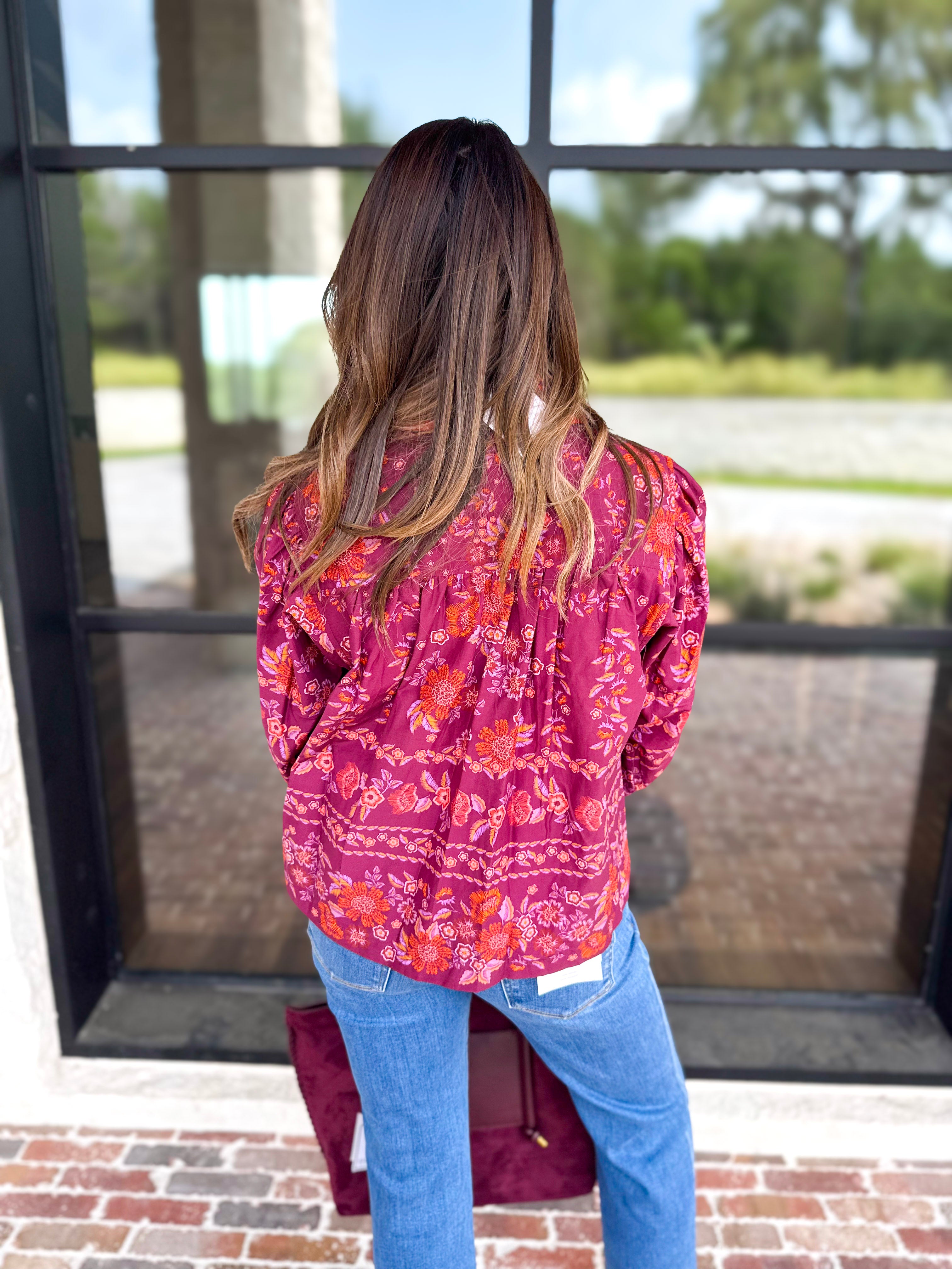 Spiced Plum Floral Blouse-200 Fashion Blouses-ENTRO-July & June Women's Fashion Boutique Located in San Antonio, Texas