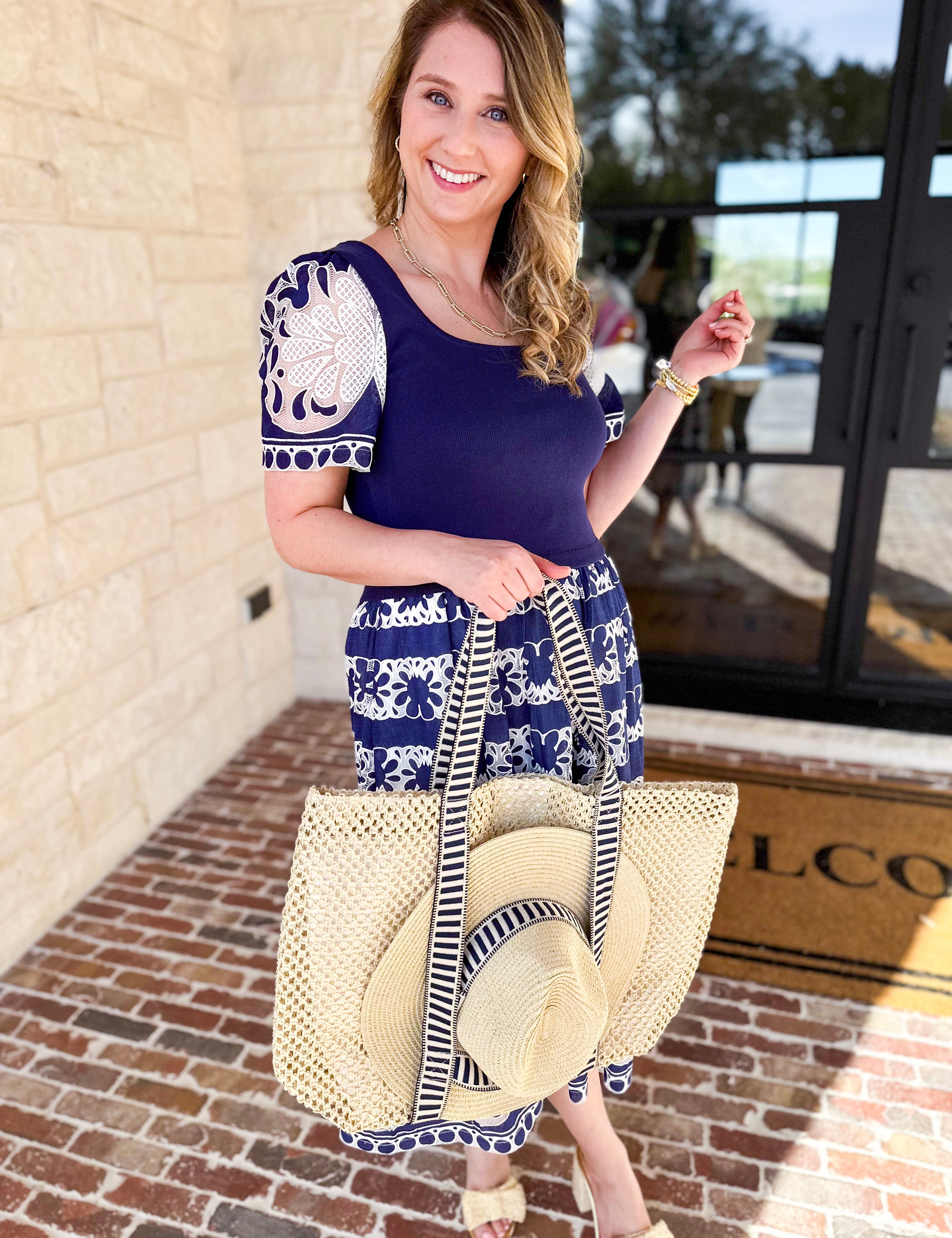 Dorian Tote Bag & Hat Set - Navy-130 ACCESSORIES-SHIRALEAH-July & June Women's Fashion Boutique Located in San Antonio, Texas
