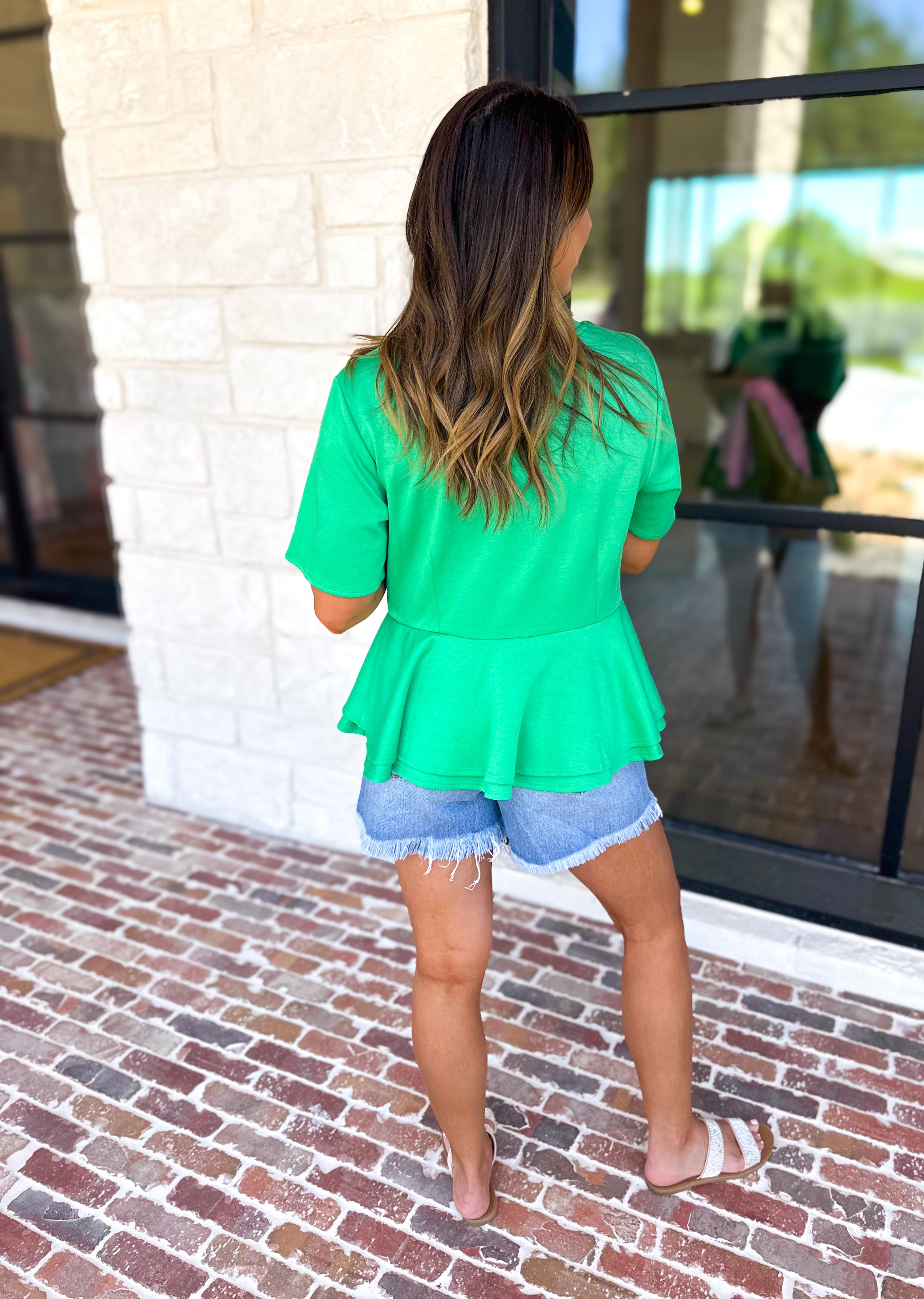 Kelly Green Peplum Comfy Top-210 Casual Blouses-ENTRO-July & June Women's Fashion Boutique Located in San Antonio, Texas