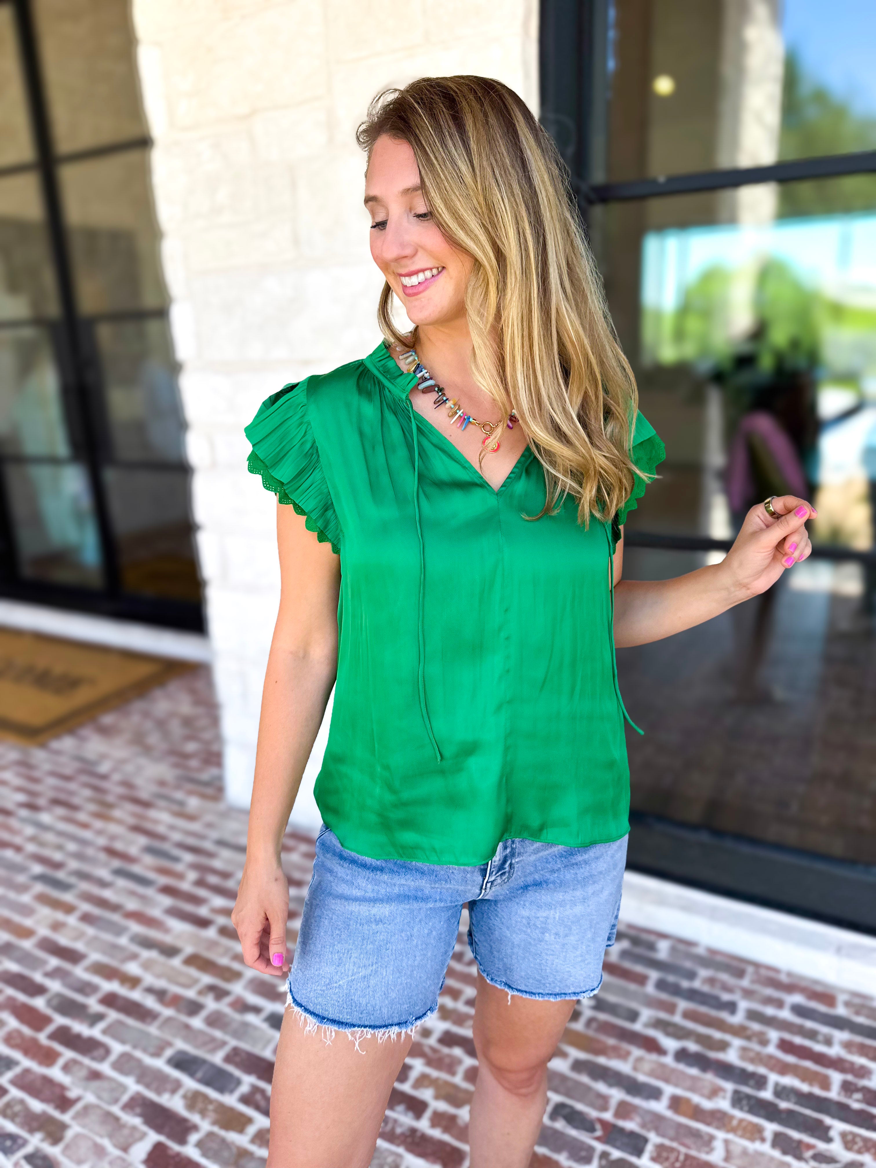 Current Air - Kelly Green Crochet Details Blouse-200 Fashion Blouses-CURRENT AIR CLOTHING-July & June Women's Fashion Boutique Located in San Antonio, Texas