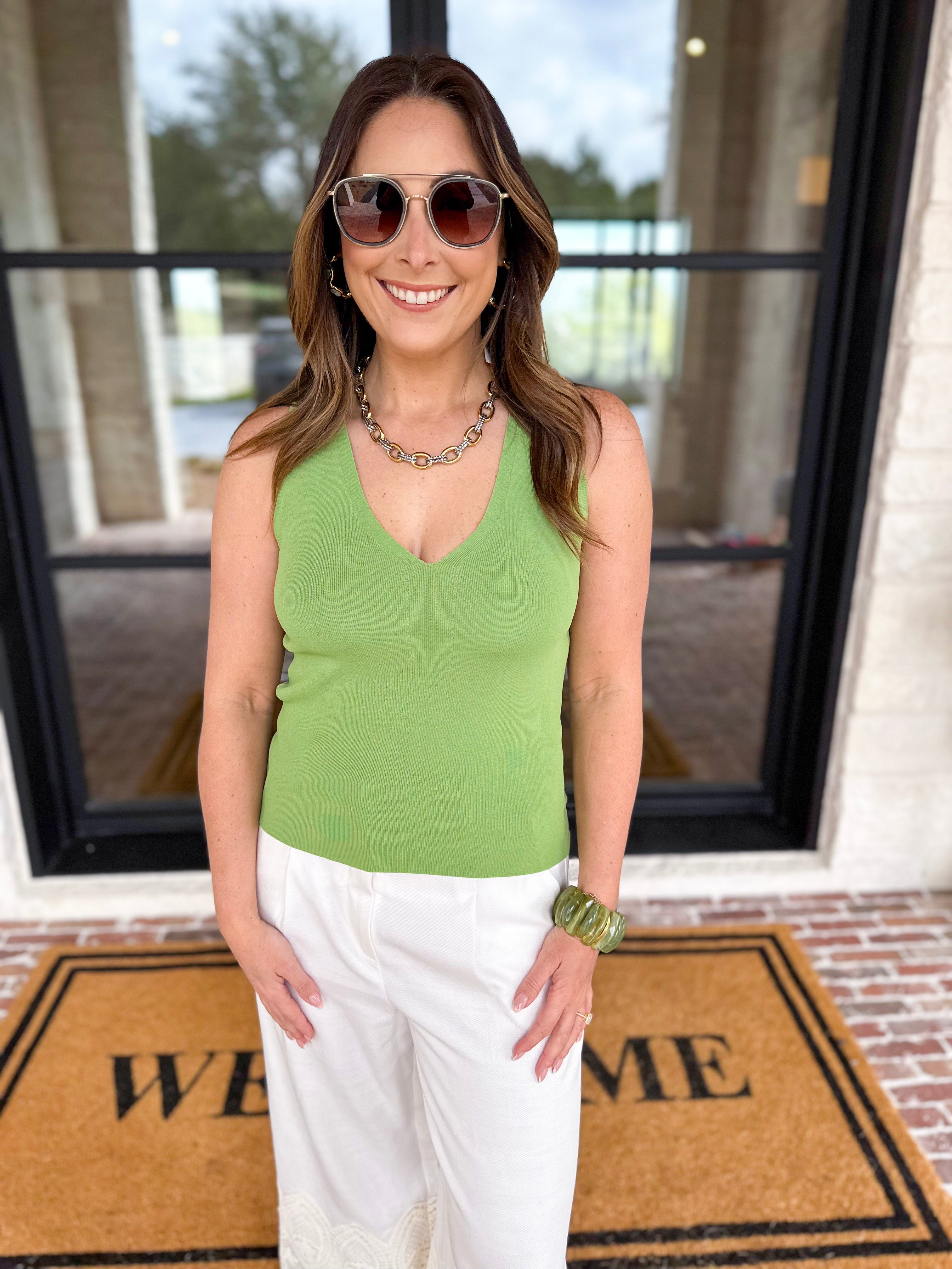Current Air - Knit V-Neck Tank - Matcha-210 Casual Blouses-CURRENT AIR CLOTHING-July & June Women's Fashion Boutique Located in San Antonio, Texas