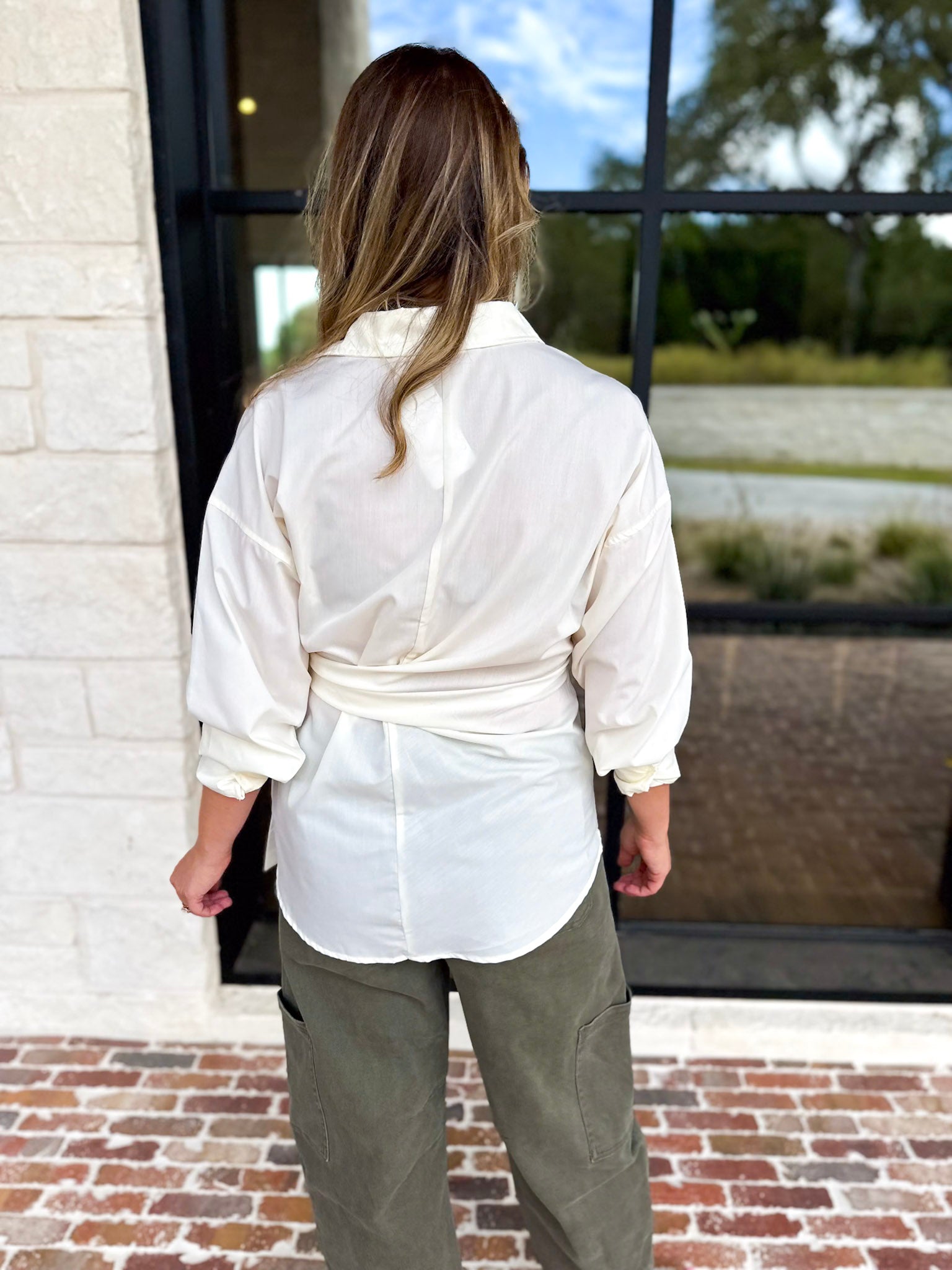 The Sarah Tie Button Down - Ivory-200 Fashion Blouses-ENTRO-July & June Women's Fashion Boutique Located in San Antonio, Texas