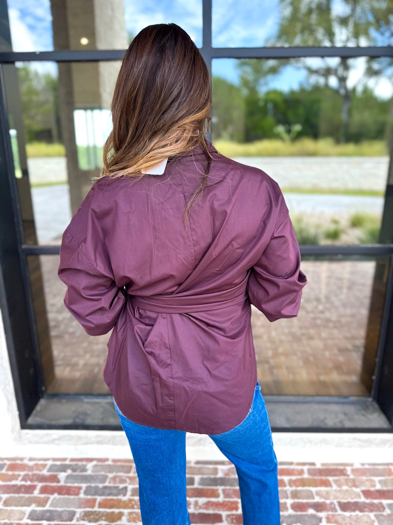 The Sarah Tie Button Down - Espresso-200 Fashion Blouses-ENTRO-July & June Women's Fashion Boutique Located in San Antonio, Texas