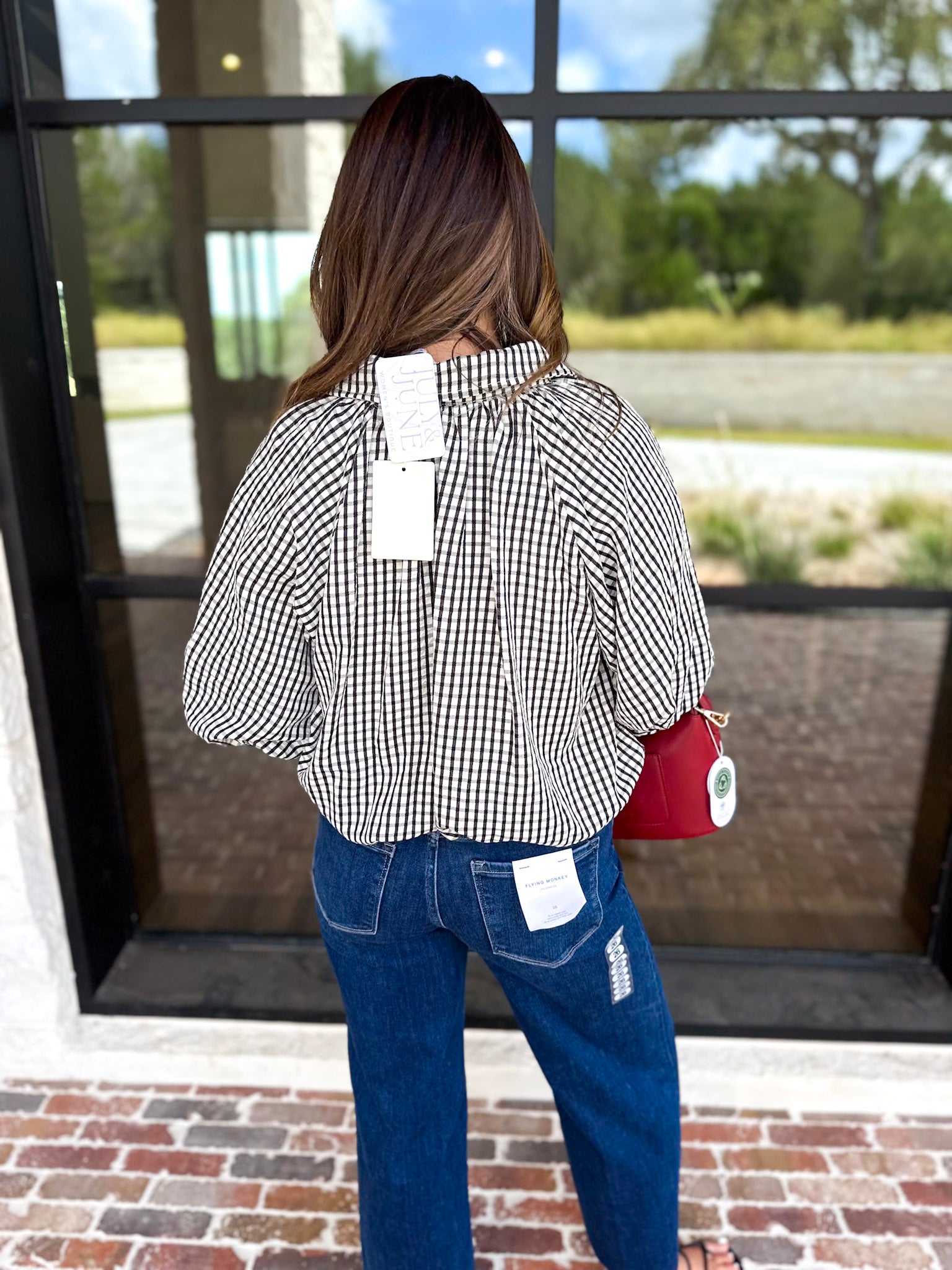 Gingham Bubble Blouse - Black-200 Fashion Blouses-ENTRO-July & June Women's Fashion Boutique Located in San Antonio, Texas