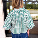 Gingham Bubble Blouse - Hunter Green-200 Fashion Blouses-ENTRO-July & June Women's Fashion Boutique Located in San Antonio, Texas