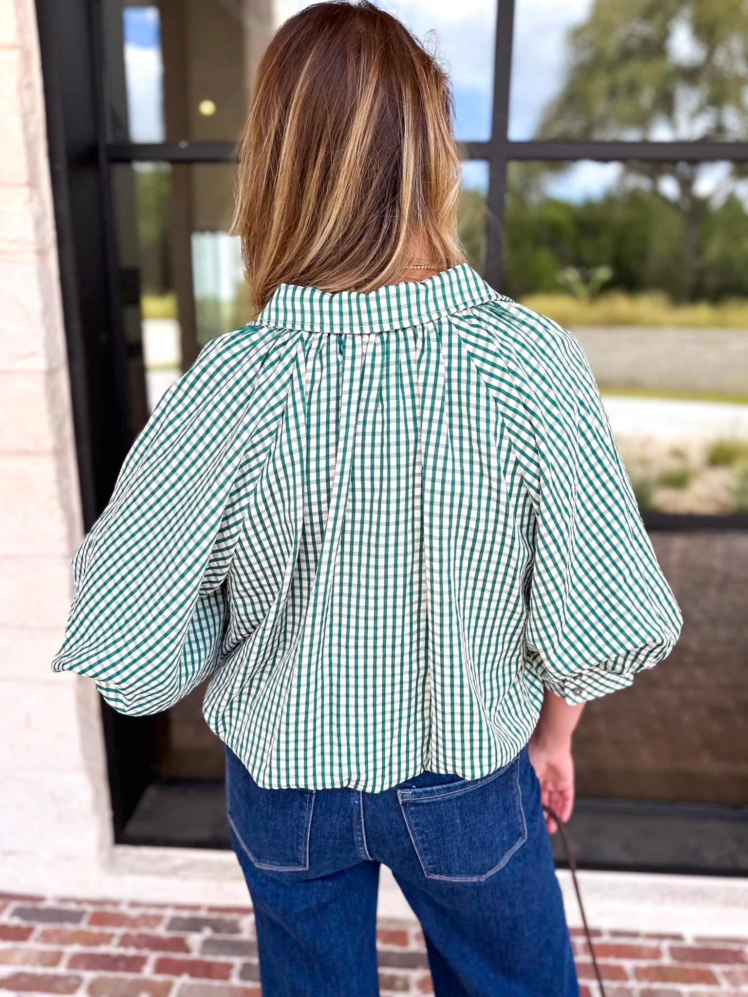 Gingham Bubble Blouse - Hunter Green-200 Fashion Blouses-ENTRO-July & June Women's Fashion Boutique Located in San Antonio, Texas