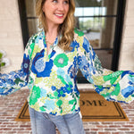 THML - Blue & Green Florals Blouse-200 Fashion Blouses-THML-July & June Women's Fashion Boutique Located in San Antonio, Texas