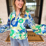 THML - Blue & Green Florals Blouse-200 Fashion Blouses-THML-July & June Women's Fashion Boutique Located in San Antonio, Texas