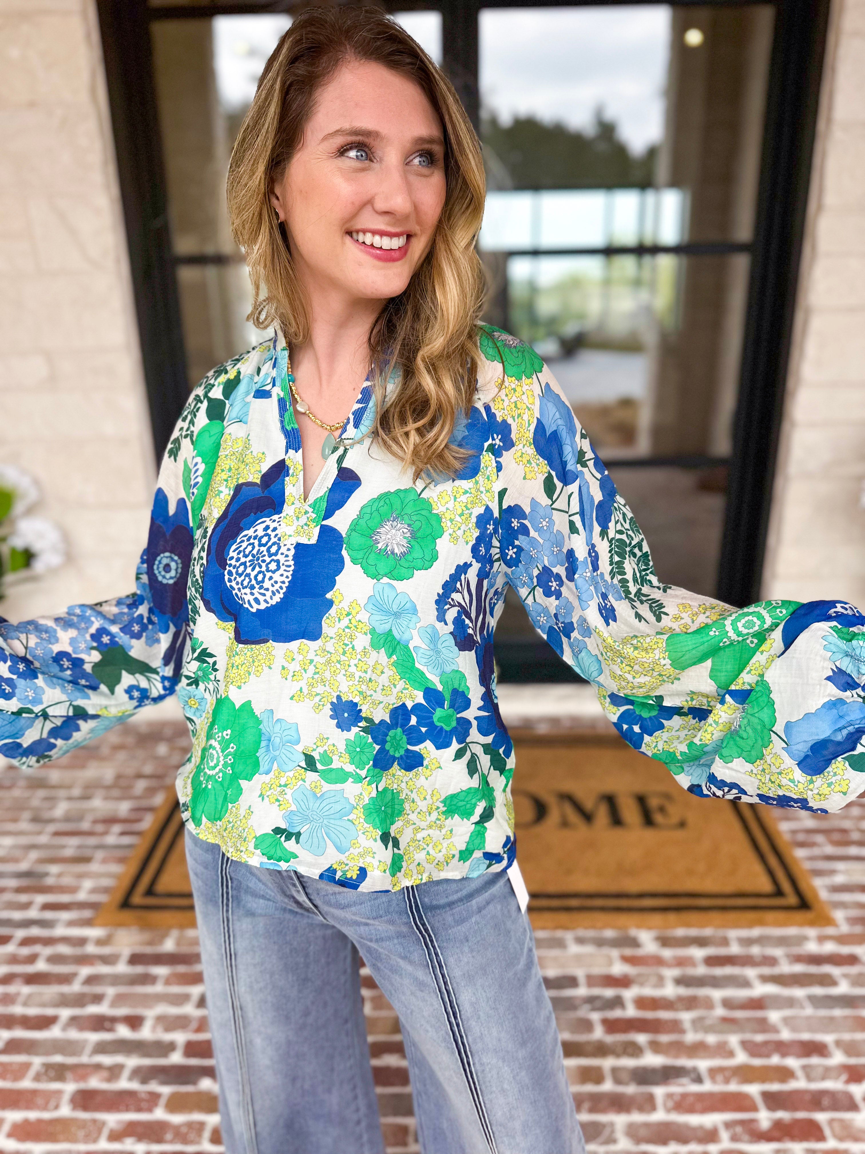 THML - Blue & Green Florals Blouse-200 Fashion Blouses-THML-July & June Women's Fashion Boutique Located in San Antonio, Texas