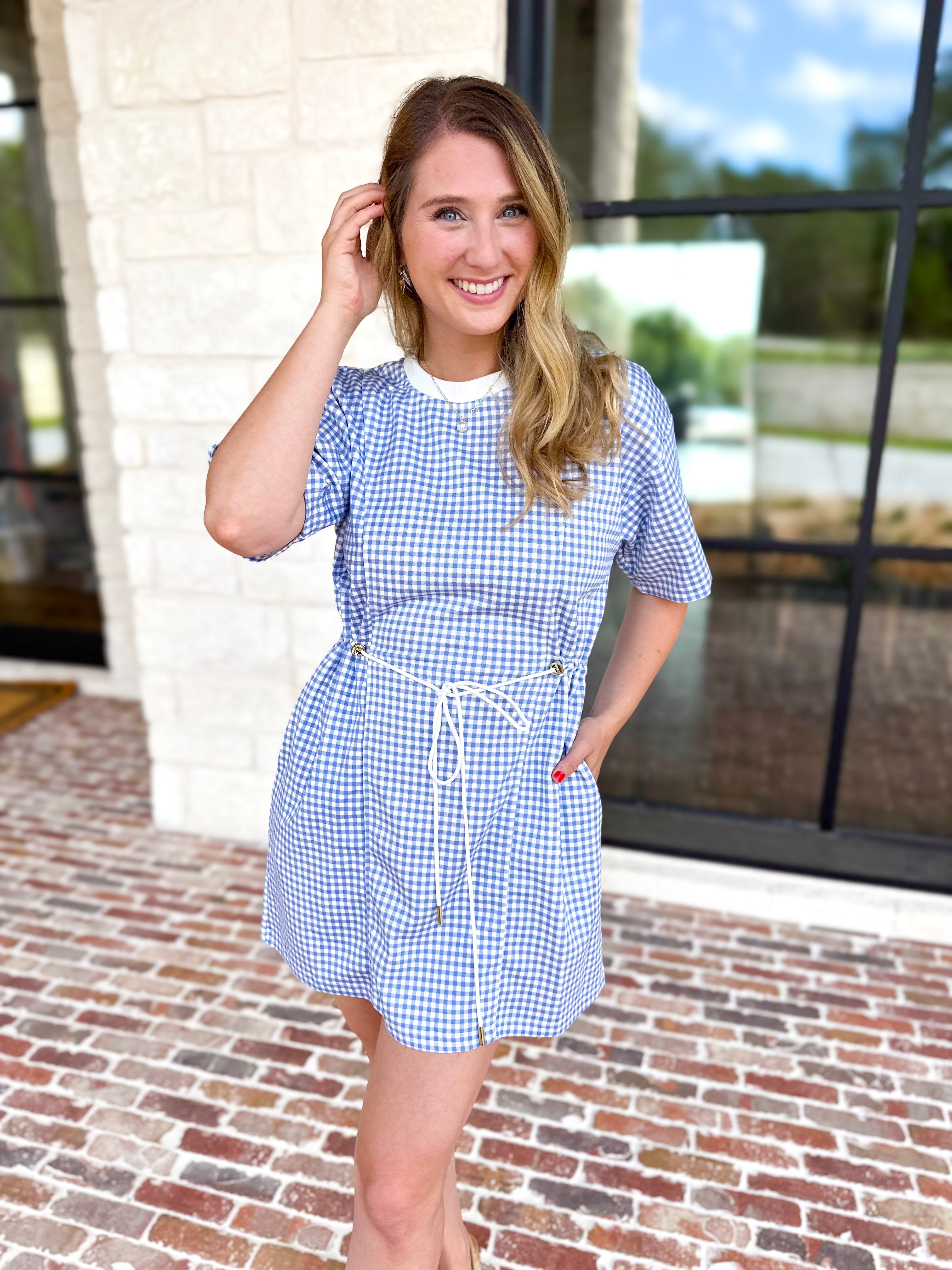 Blue Gingham On-The-Go Mini Dress-510 Mini-ENTRO-July & June Women's Fashion Boutique Located in San Antonio, Texas