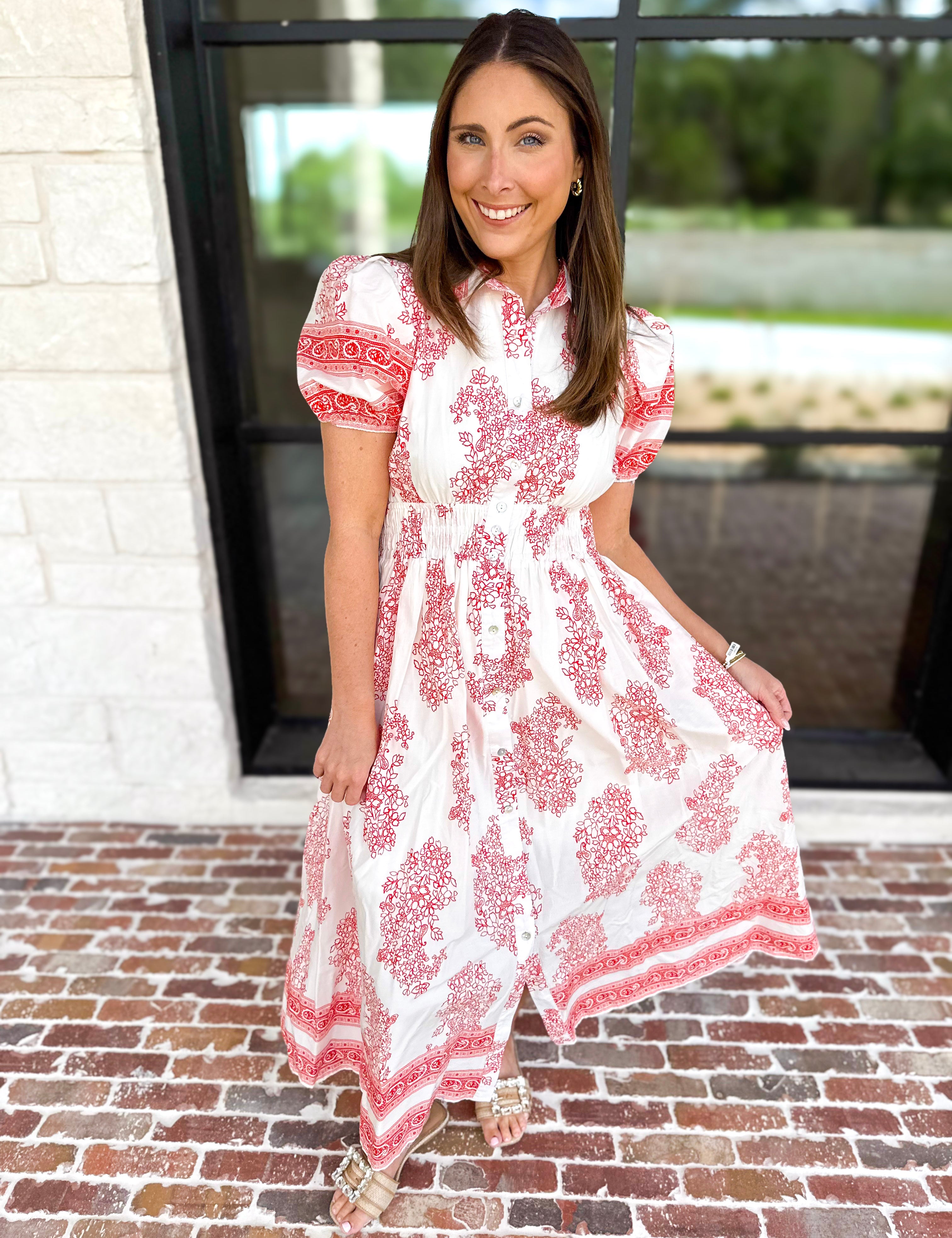 Red Paisley Midi Dress-500 Midi-ENTRO-July & June Women's Fashion Boutique Located in San Antonio, Texas