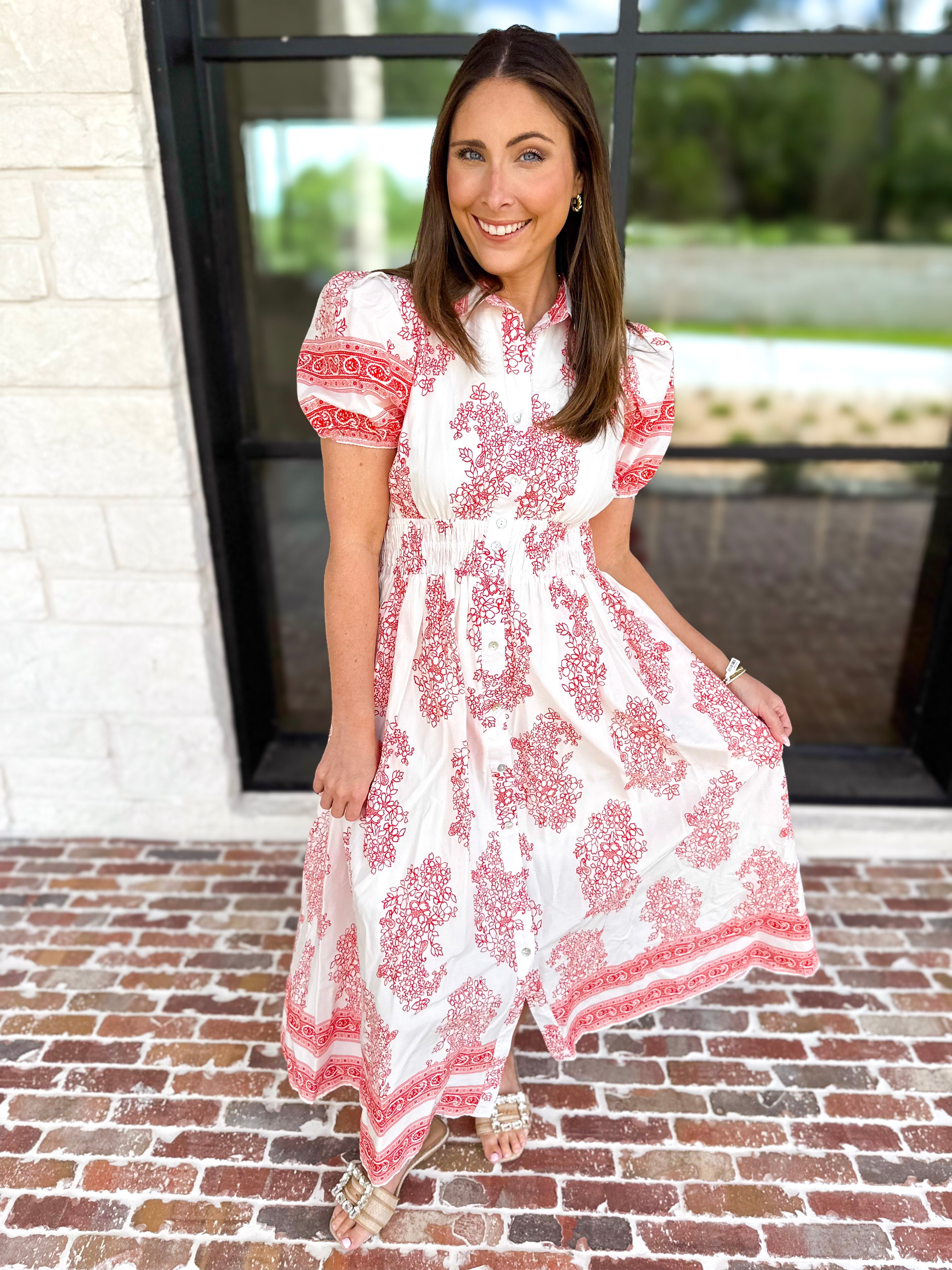 Red Paisley Midi Dress-500 Midi-ENTRO-July & June Women's Fashion Boutique Located in San Antonio, Texas
