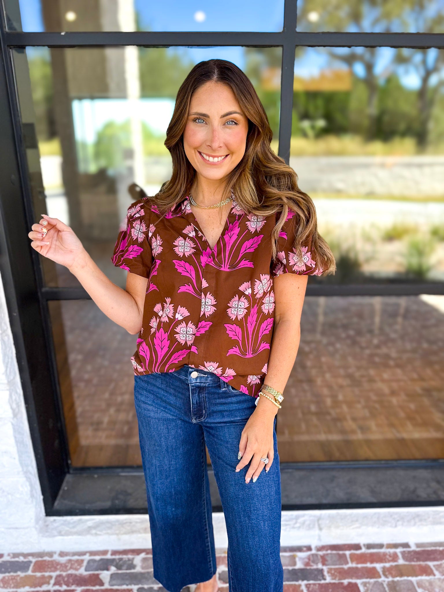 Pink & Chocolate Floral Blouse-200 Fashion Blouses-TCEC-July & June Women's Fashion Boutique Located in San Antonio, Texas