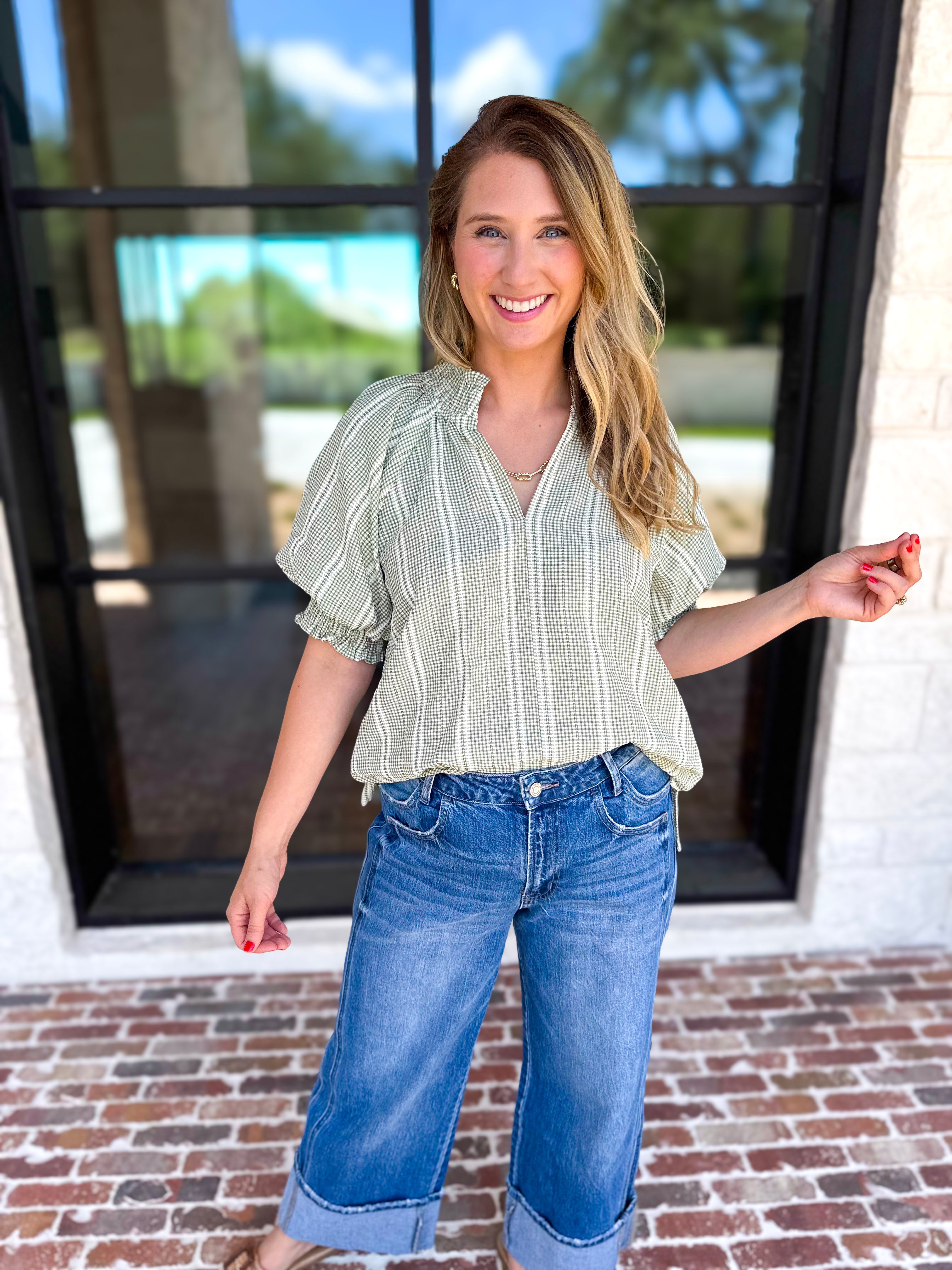 Sage Picnic Blouse-200 Fashion Blouses-JODIFL-July & June Women's Fashion Boutique Located in San Antonio, Texas