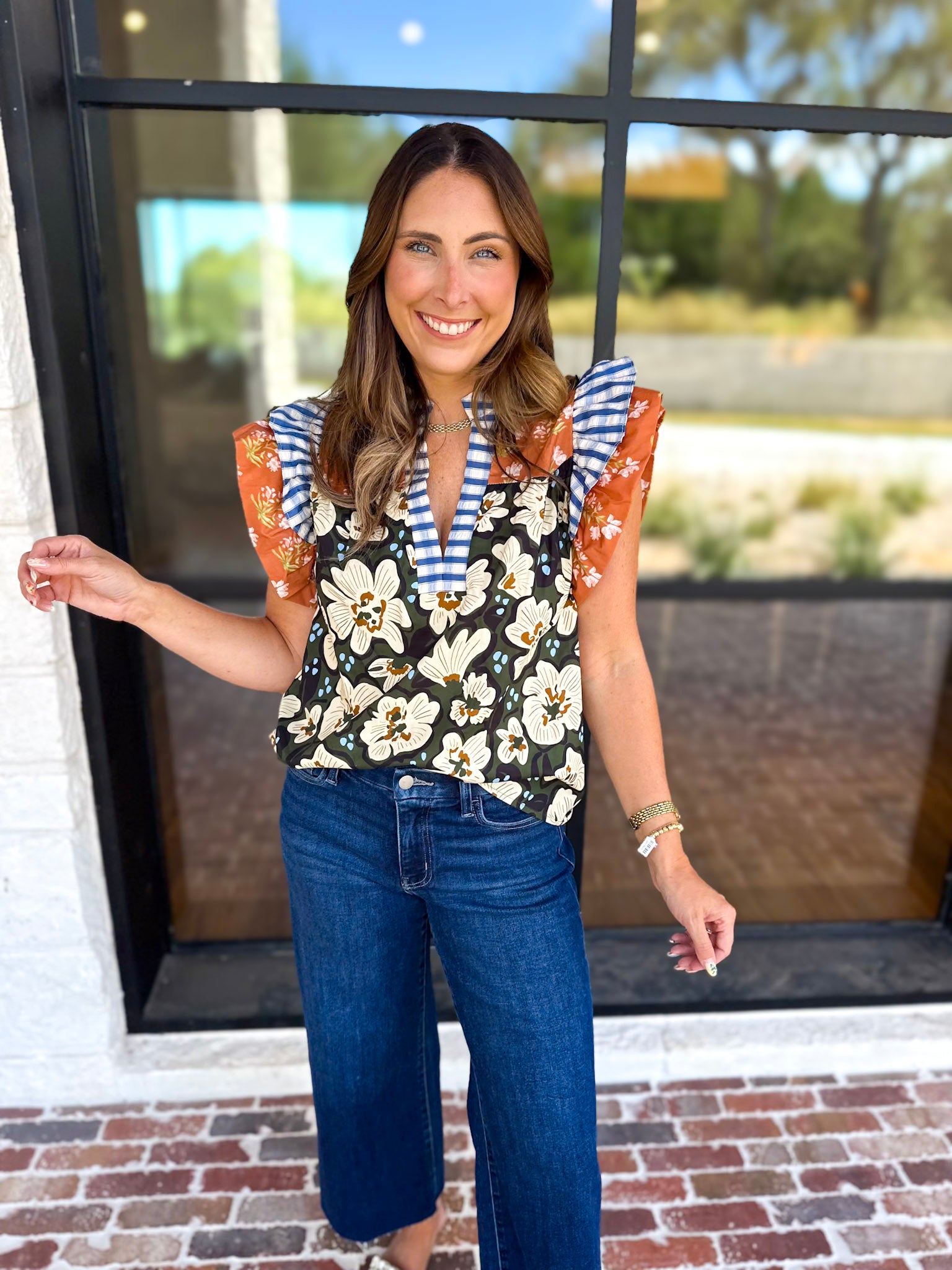 THML - Harvest Florals Ruffle Sleeve Blouse-200 Fashion Blouses-THML-July & June Women's Fashion Boutique Located in San Antonio, Texas