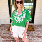 City Strolls Embroidered Blouse - Kelly Green-200 Fashion Blouses-JODIFL-July & June Women's Fashion Boutique Located in San Antonio, Texas