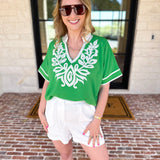 City Strolls Embroidered Blouse - Kelly Green-200 Fashion Blouses-JODIFL-July & June Women's Fashion Boutique Located in San Antonio, Texas