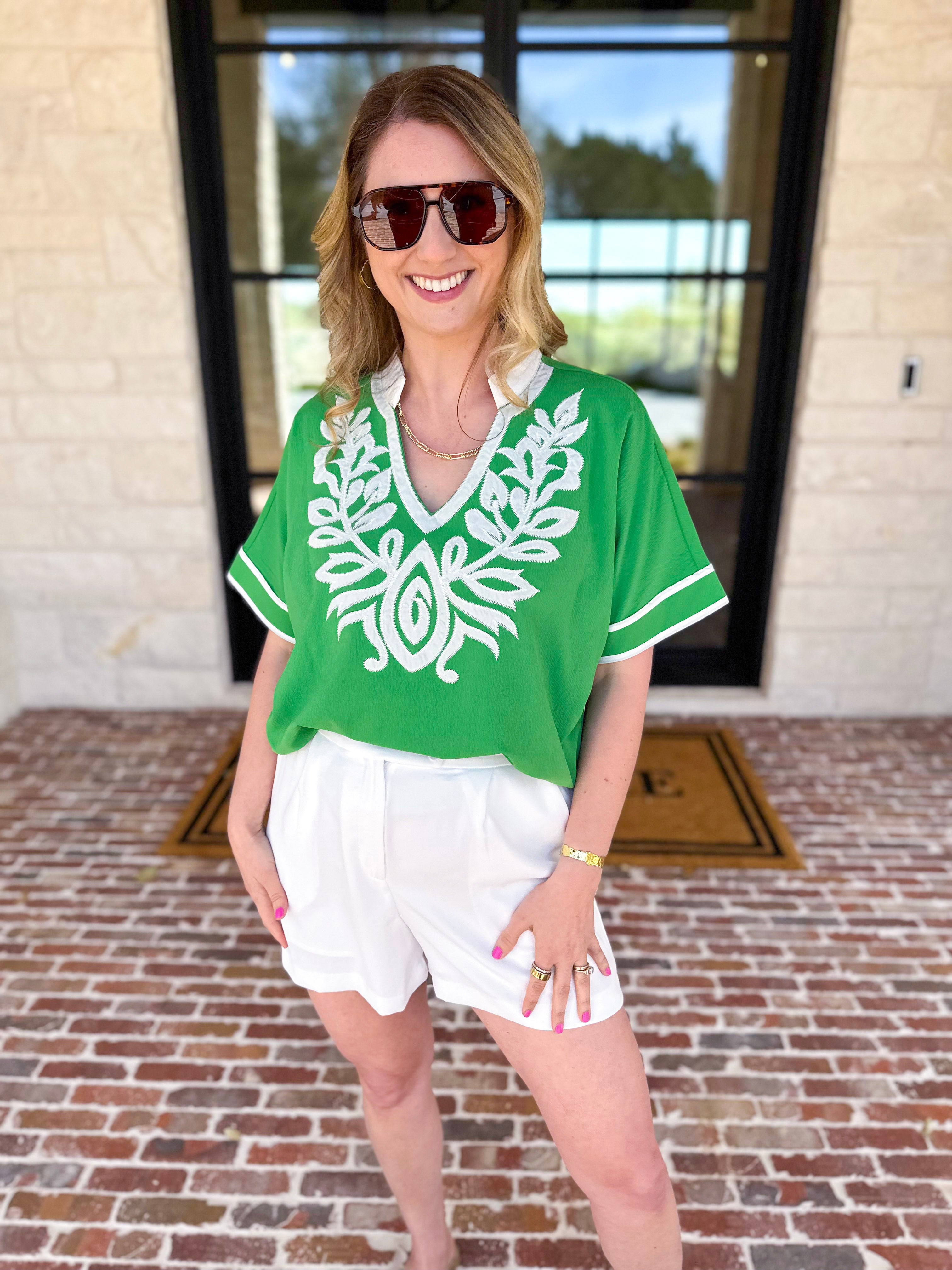 City Strolls Embroidered Blouse - Kelly Green-200 Fashion Blouses-JODIFL-July & June Women's Fashion Boutique Located in San Antonio, Texas
