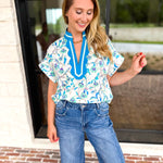 The Maisie Floral Scalloped Blouse - Blue & Ivory-200 Fashion Blouses-ENTRO-July & June Women's Fashion Boutique Located in San Antonio, Texas