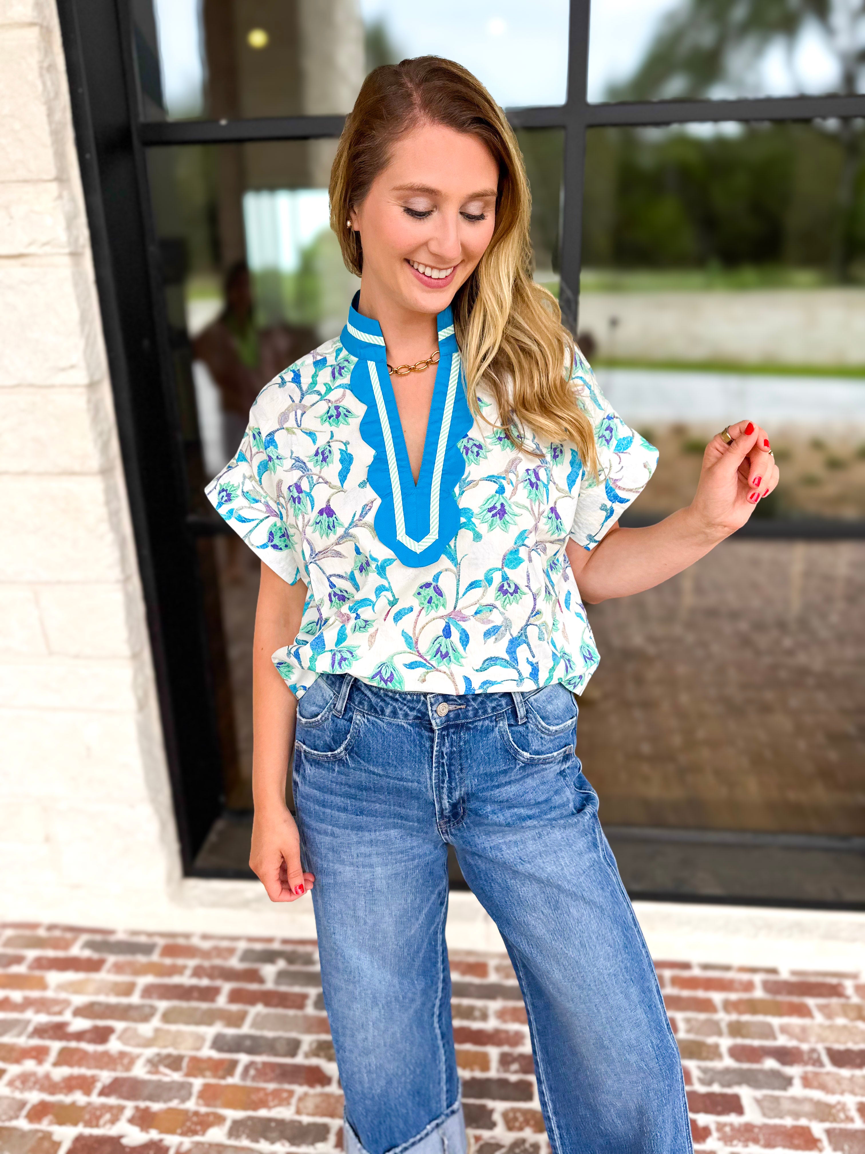 The Maisie Floral Scalloped Blouse - Blue & Ivory-200 Fashion Blouses-ENTRO-July & June Women's Fashion Boutique Located in San Antonio, Texas