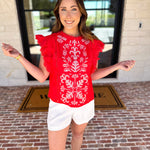 Tomato Red Embroidered Blouse-200 Fashion Blouses-FATE-July & June Women's Fashion Boutique Located in San Antonio, Texas