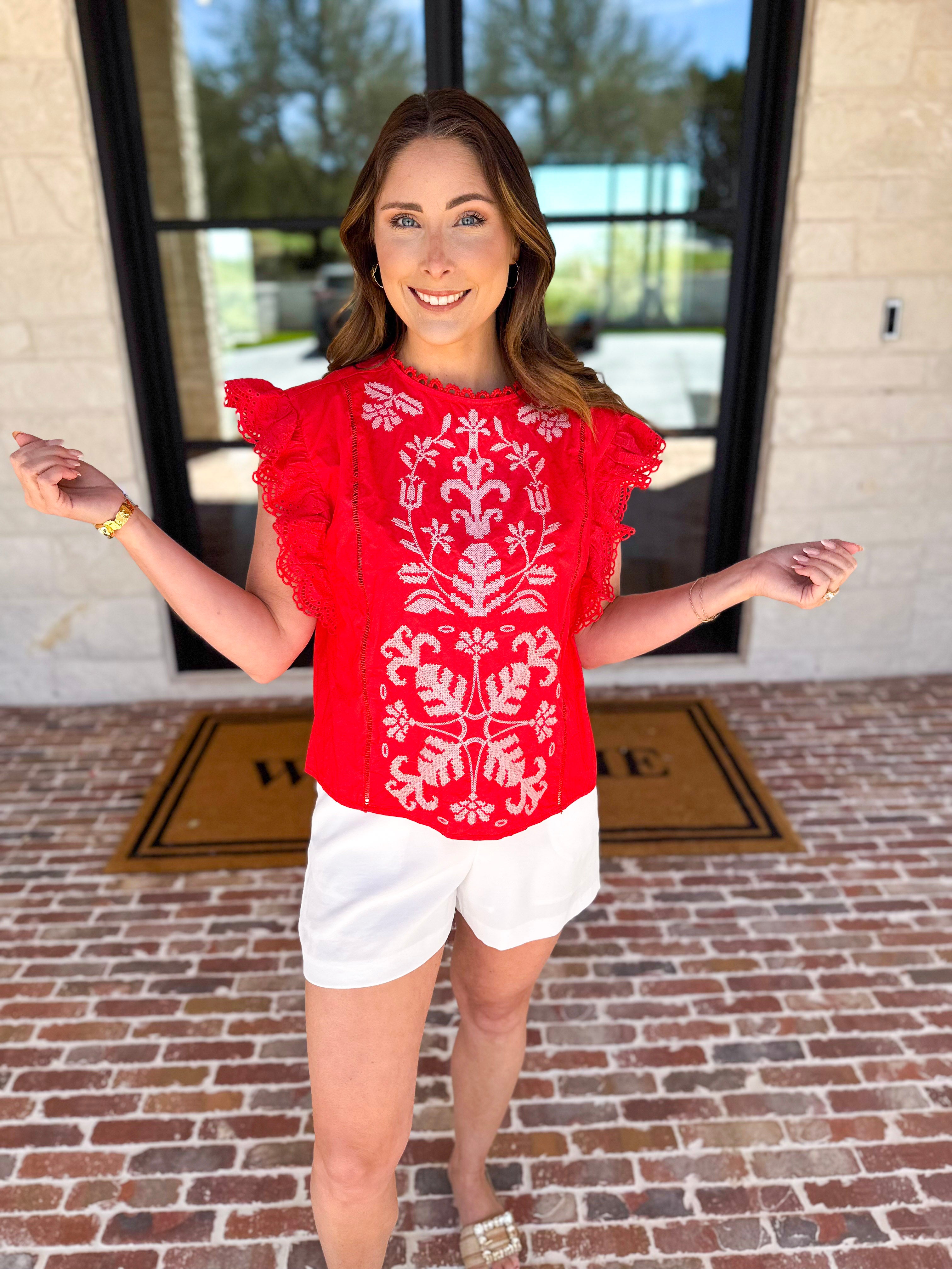 Tomato Red Embroidered Blouse-200 Fashion Blouses-FATE-July & June Women's Fashion Boutique Located in San Antonio, Texas